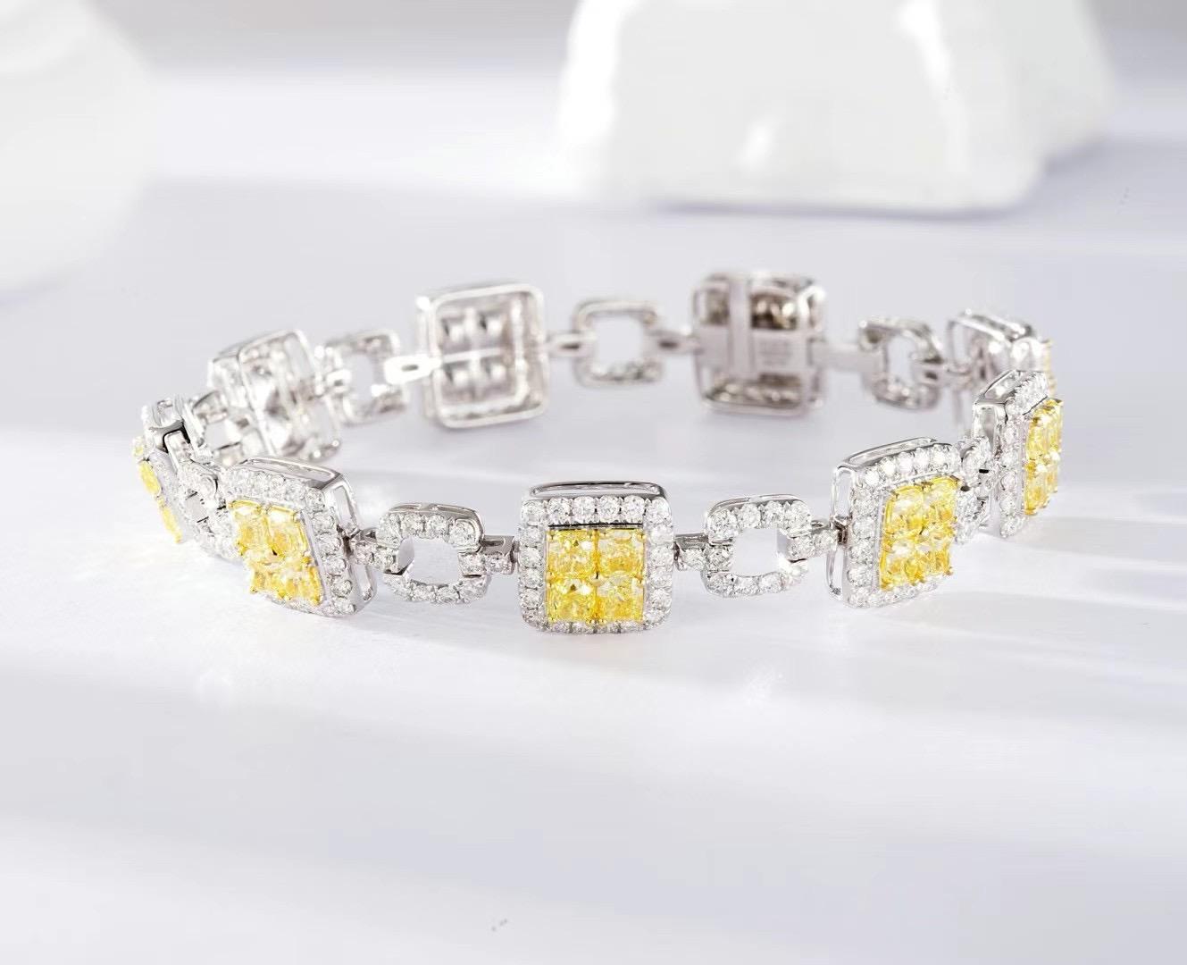 Modern 18K White Gold Cushion-Cut Yellow Diamond Bracelet with Diamonds For Sale