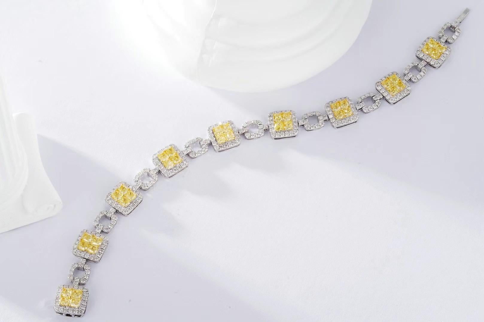 Cushion Cut 18K White Gold Cushion-Cut Yellow Diamond Bracelet with Diamonds For Sale