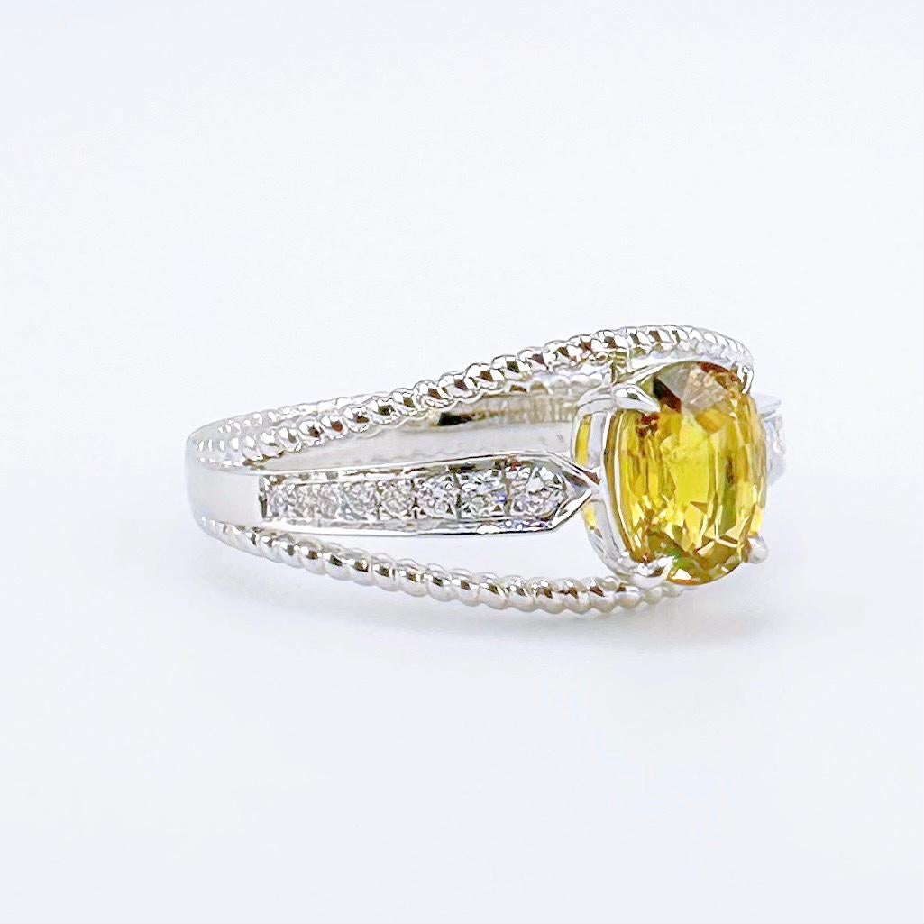 Modern 18K White Gold Cushion-Cut Yellow Sapphire Ring with Diamonds For Sale