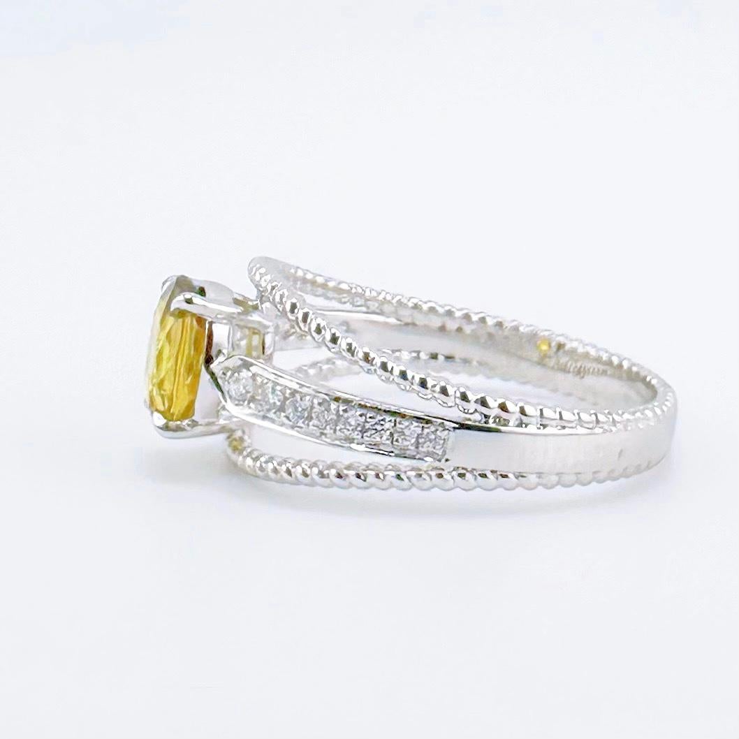 Cushion Cut 18K White Gold Cushion-Cut Yellow Sapphire Ring with Diamonds For Sale