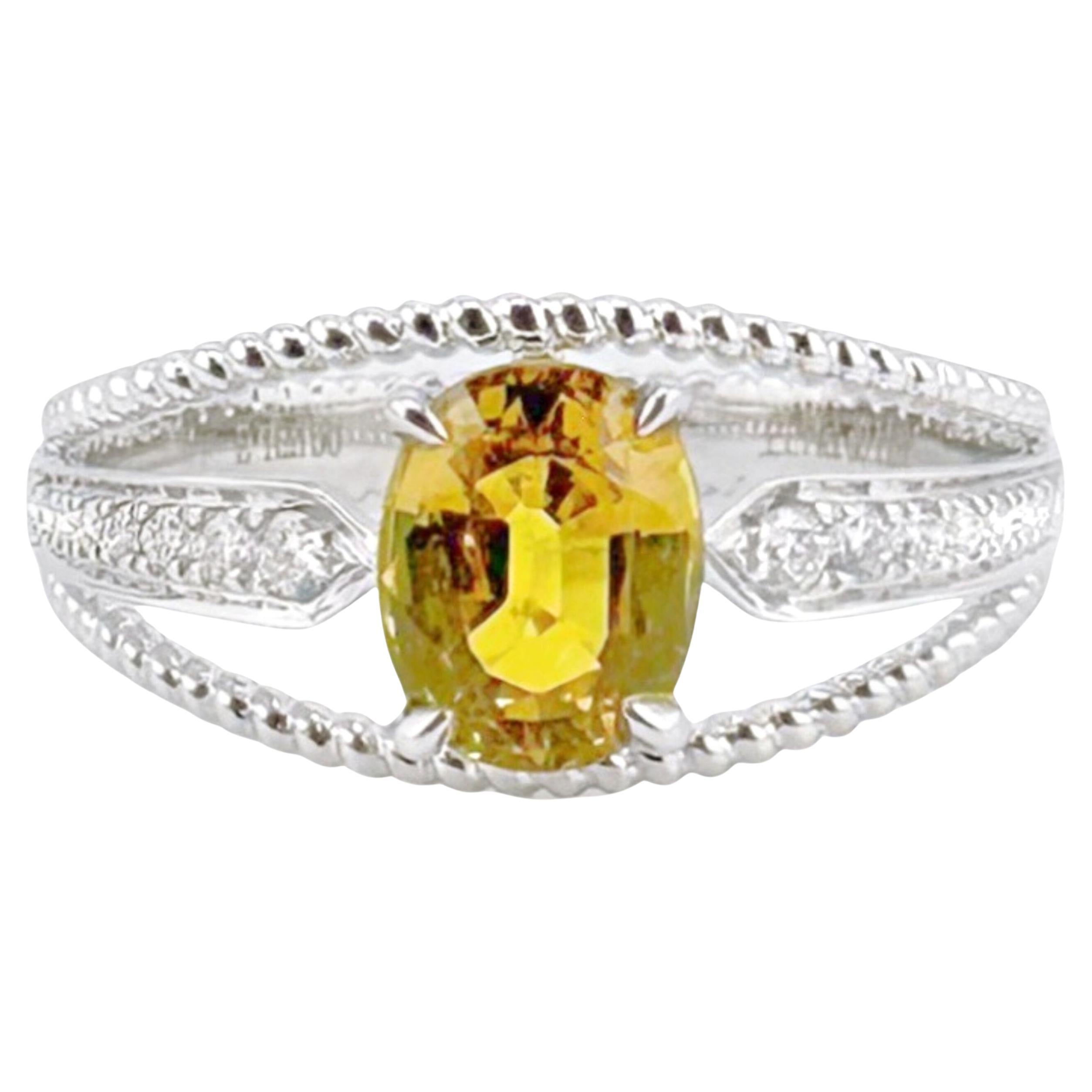 18K White Gold Cushion-Cut Yellow Sapphire Ring with Diamonds