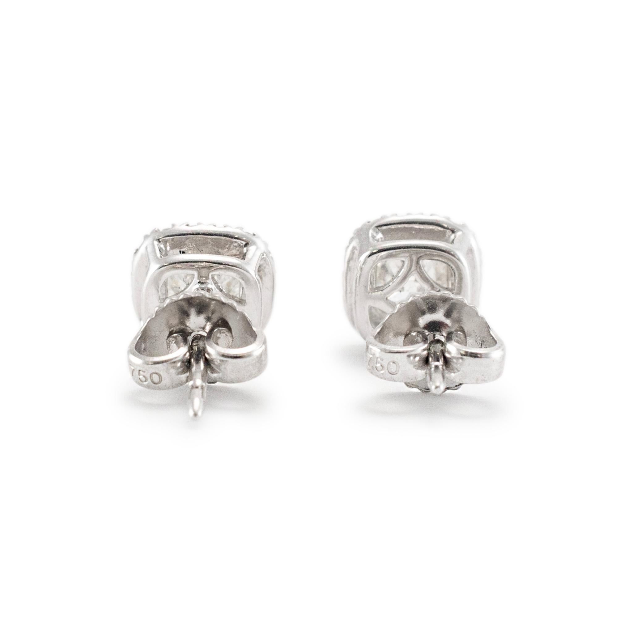 Cushion Cut 18K White Gold Cushion Halo Diamond Push Back Stud Earrings