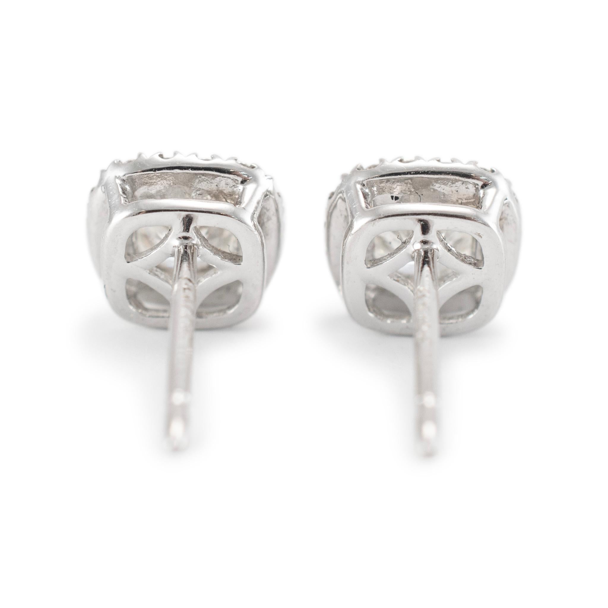 18K White Gold Cushion Halo Diamond Push Back Stud Earrings In Excellent Condition In Houston, TX