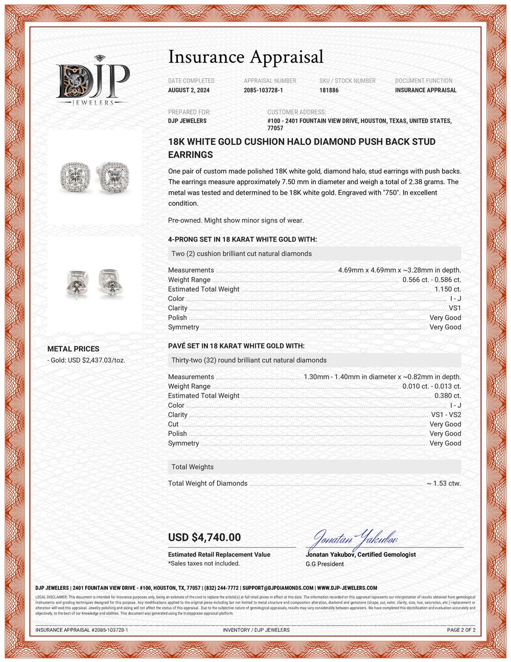 18K White Gold Cushion Halo Diamond Push Back Stud Earrings 3