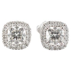 18K White Gold Cushion Halo Diamond Push Back Stud Earrings
