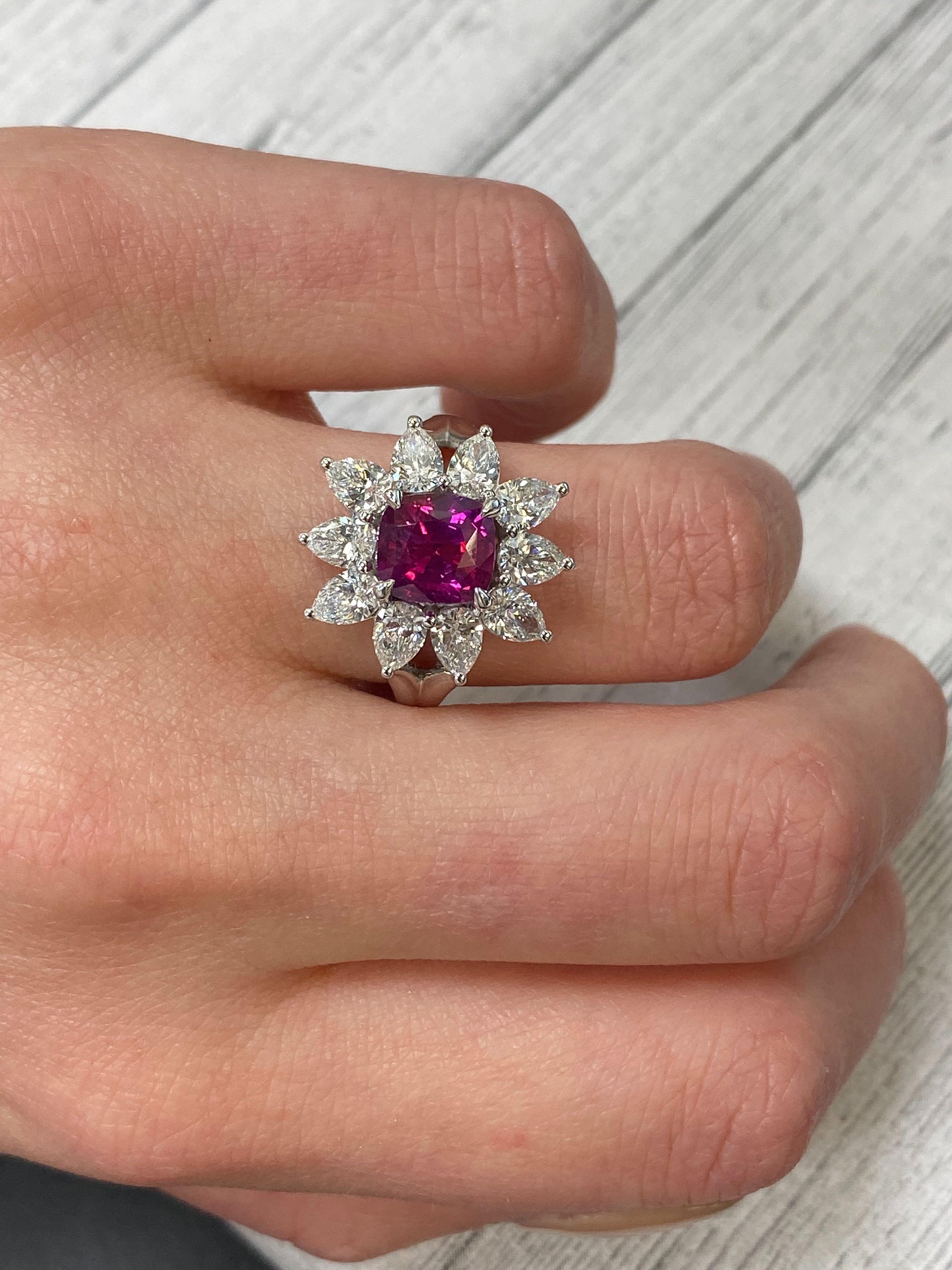 18 Karat White Gold Cushion Ruby Pear Cut Diamonds Flower Ring In New Condition In New York, NY