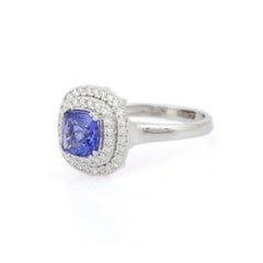 18k Solid White Gold Cushion Cut 1.2 Ct Tanzanite Diamond Ring for Women