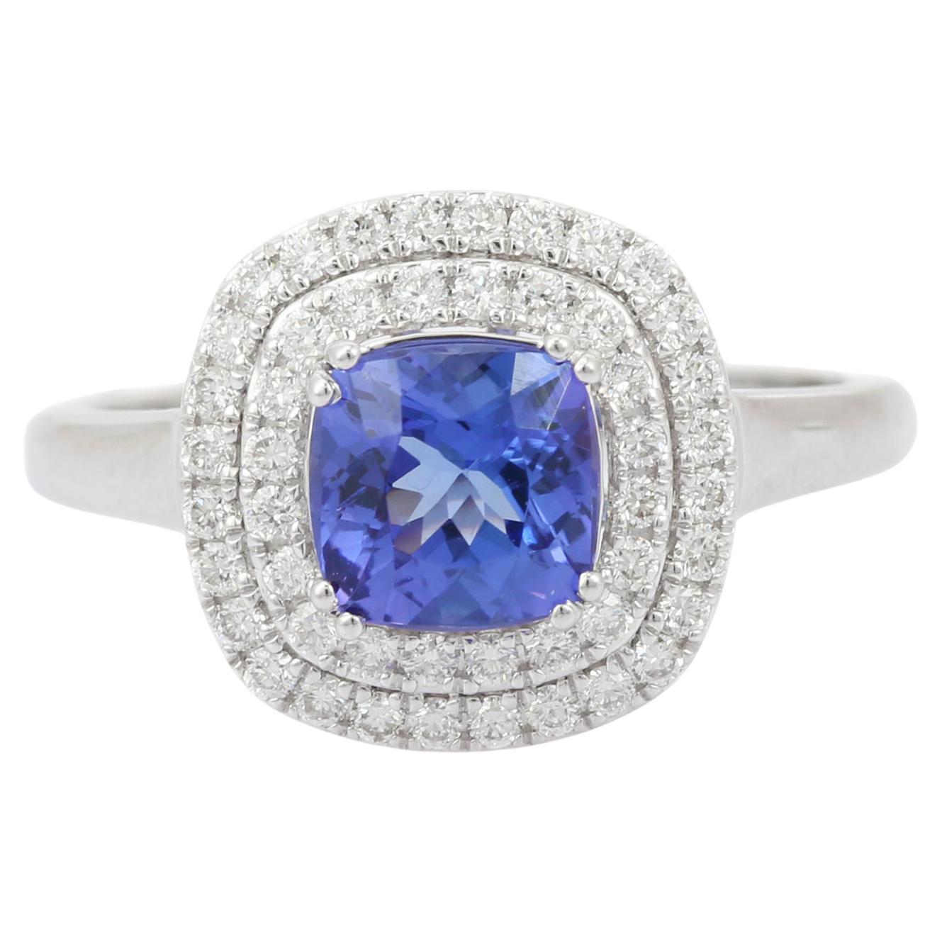 For Sale:  18k Solid White Gold Cushion Cut 1.2 Ct Tanzanite Diamond Ring for Women