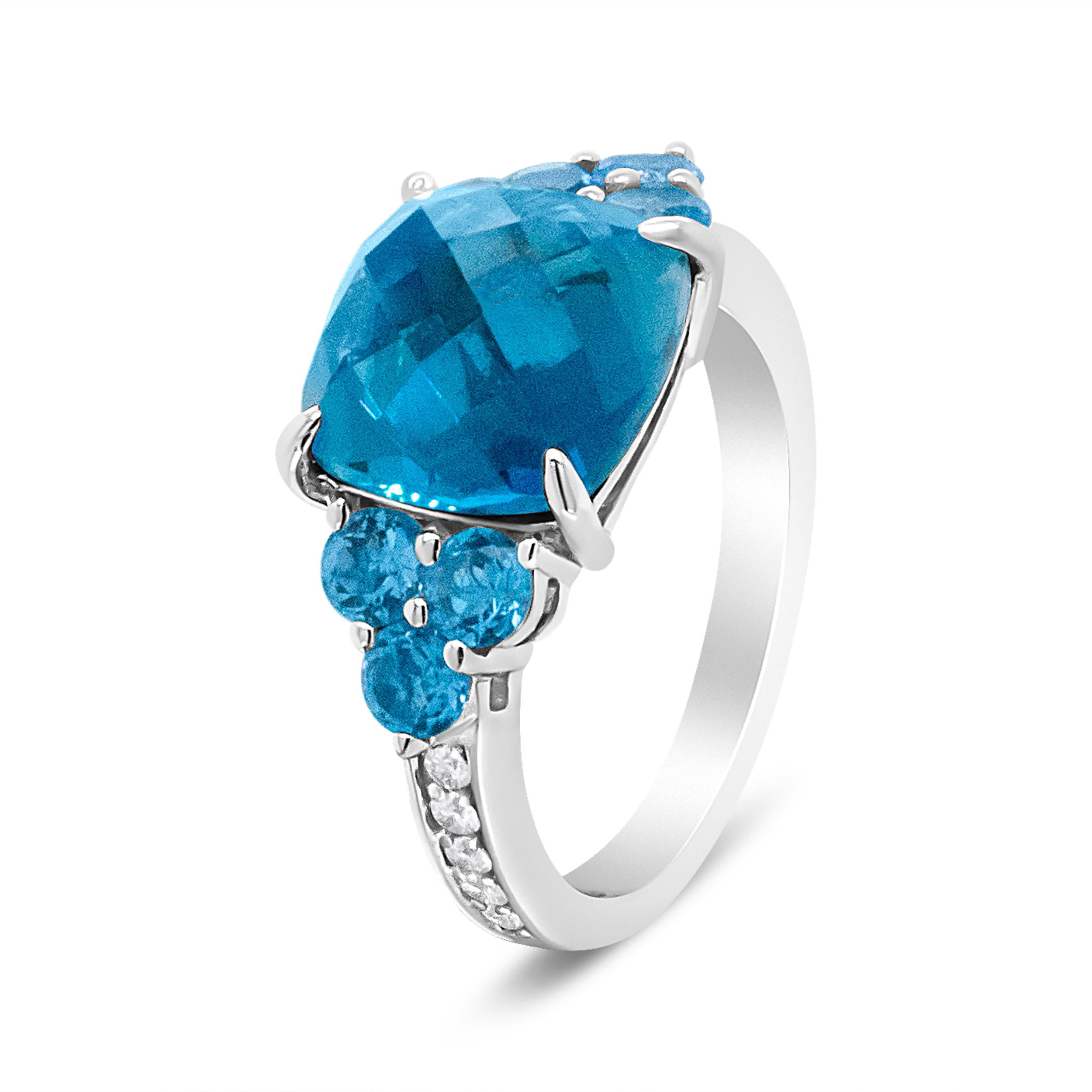 Round Cut 18K White Gold Cushion Shaped Blue Topaz & 1/6 Carat Diamond 3 Stone Style Ring For Sale