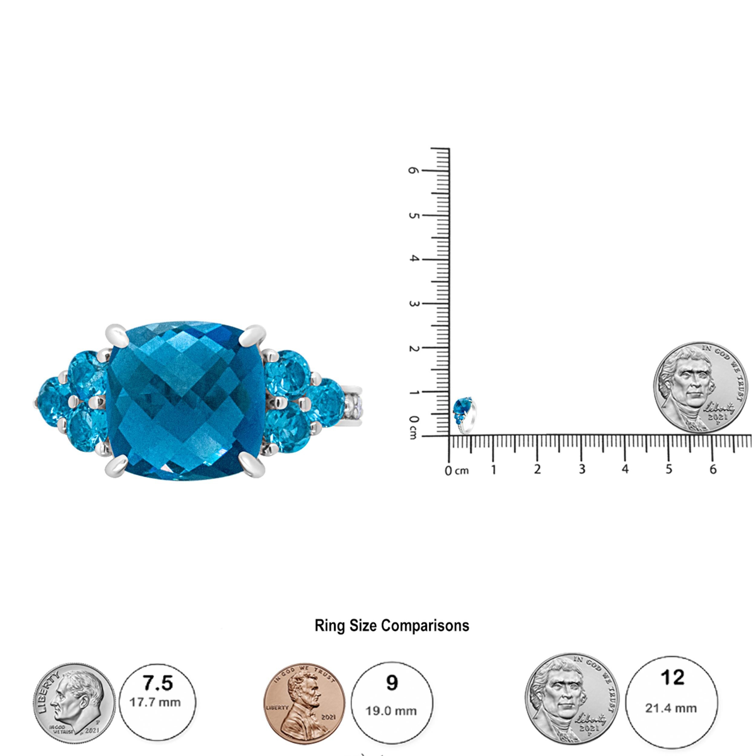 Women's 18K White Gold Cushion Shaped Blue Topaz & 1/6 Carat Diamond 3 Stone Style Ring For Sale