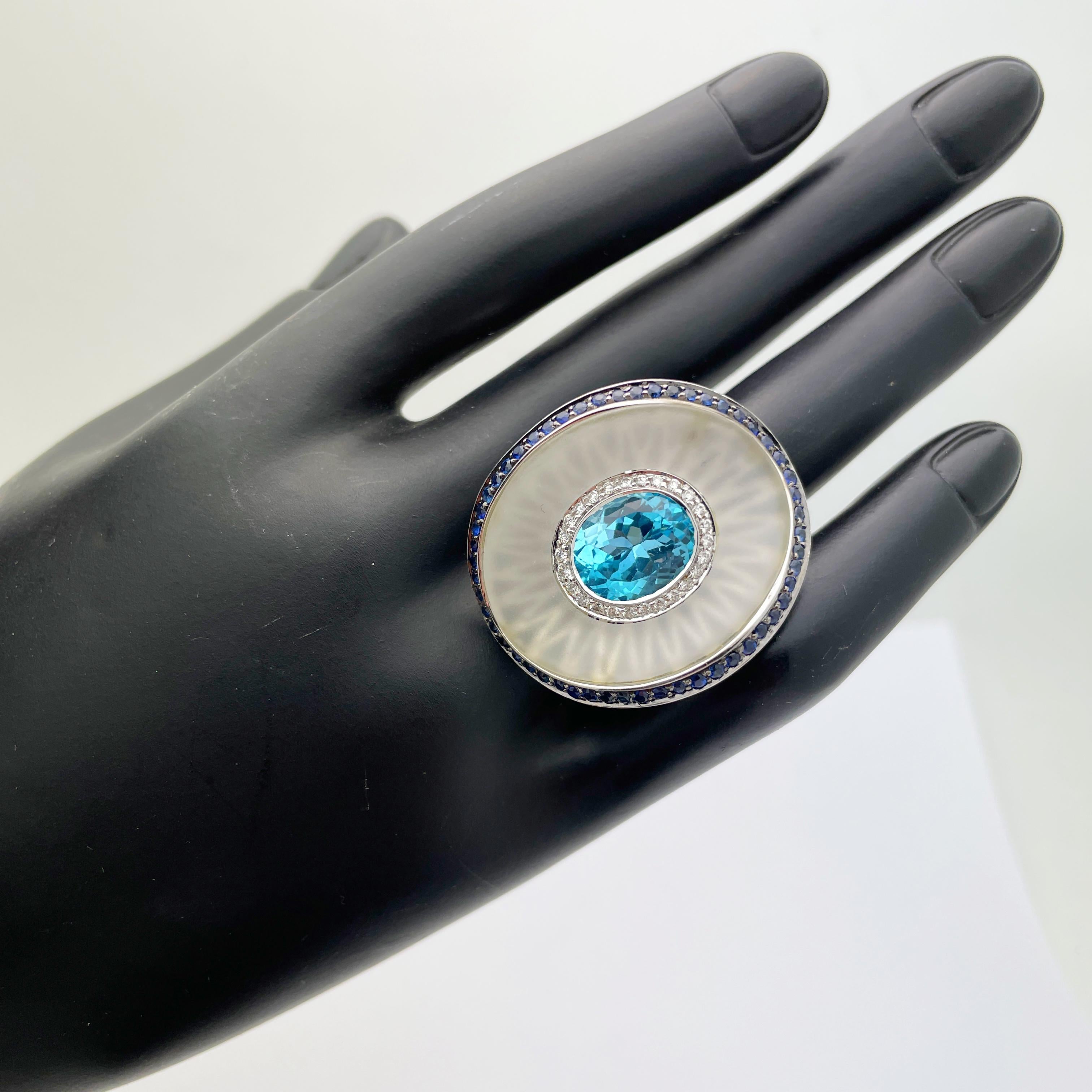18k White Gold Custom Made Blue Topaz, Diamond, Rock Crystal and Sapphire Ring 1
