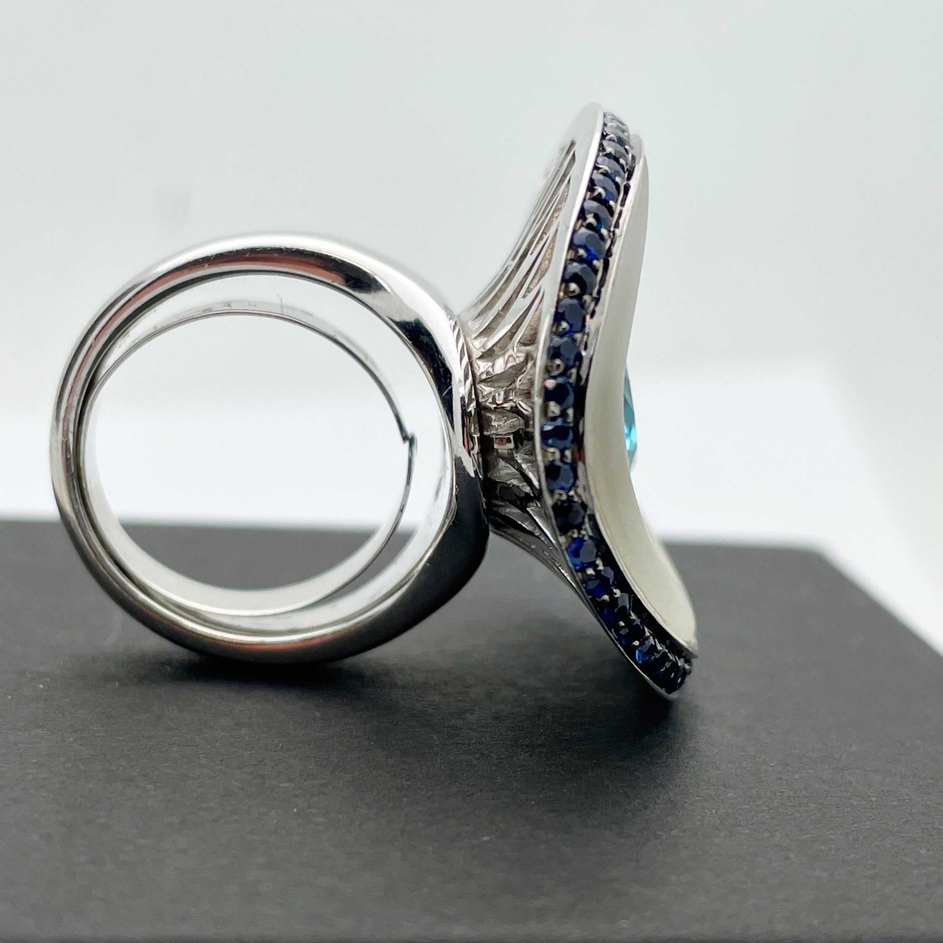Artisan 18k White Gold Custom Made Blue Topaz, Diamond, Rock Crystal and Sapphire Ring