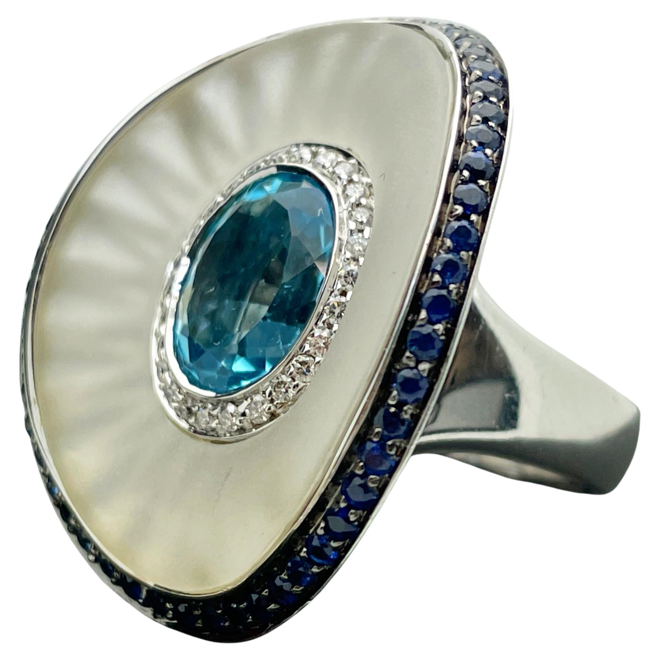 18k White Gold Custom Made Blue Topaz, Diamond, Rock Crystal and Sapphire Ring