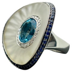 18k White Gold Custom Made Blue Topaz, Diamond, Rock Crystal and Sapphire Ring