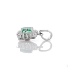 18K White Gold Dainty 1.42 Carat Emerald and Diamond Pendant