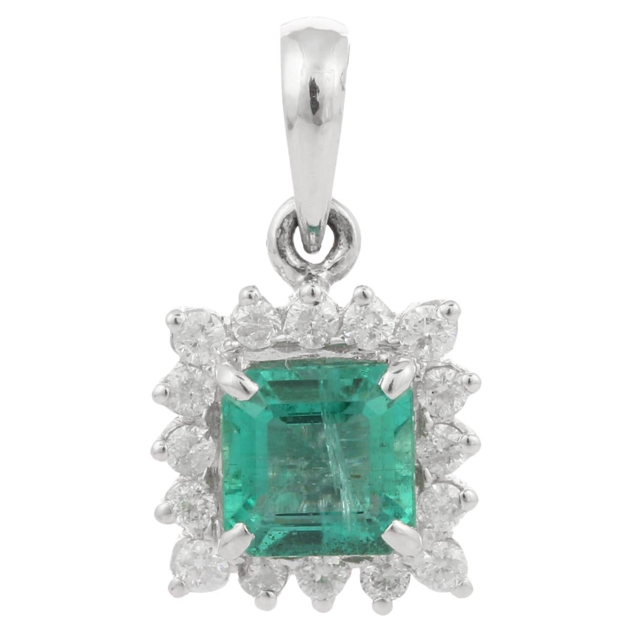 18K White Gold Dainty 1.42 Carat Emerald and Diamond Pendant For Sale