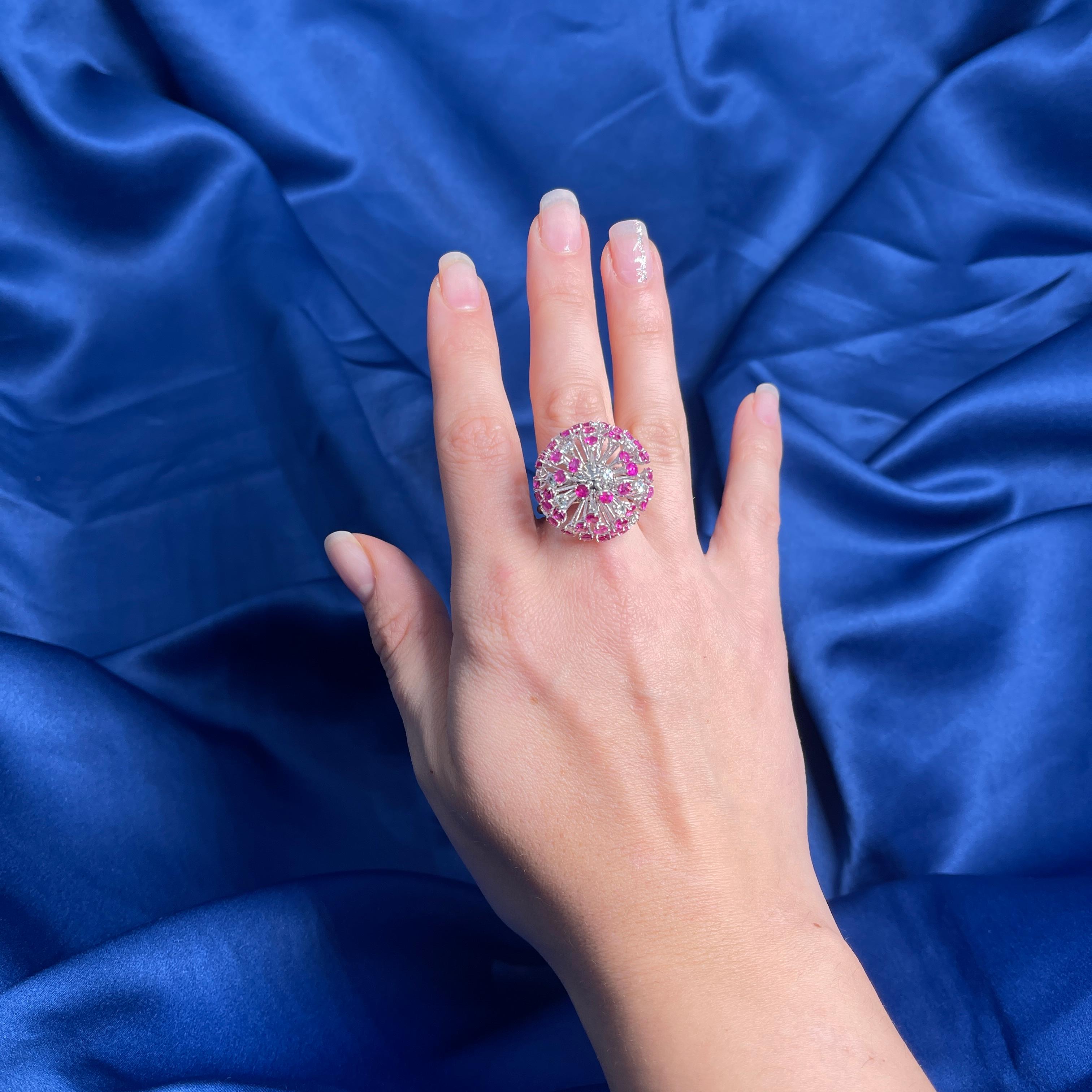 18K White Gold Dandelion Ring with Diamonds and Pink Sapphires For Sale 5
