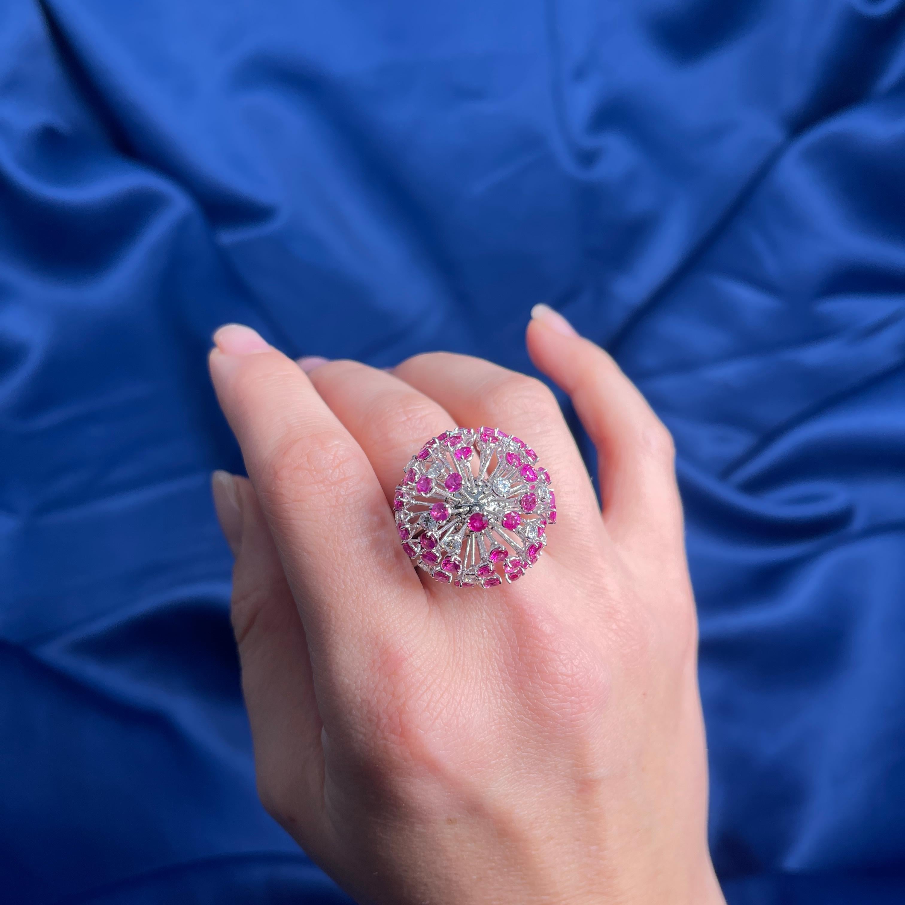18K White Gold Dandelion Ring with Diamonds and Pink Sapphires For Sale 6