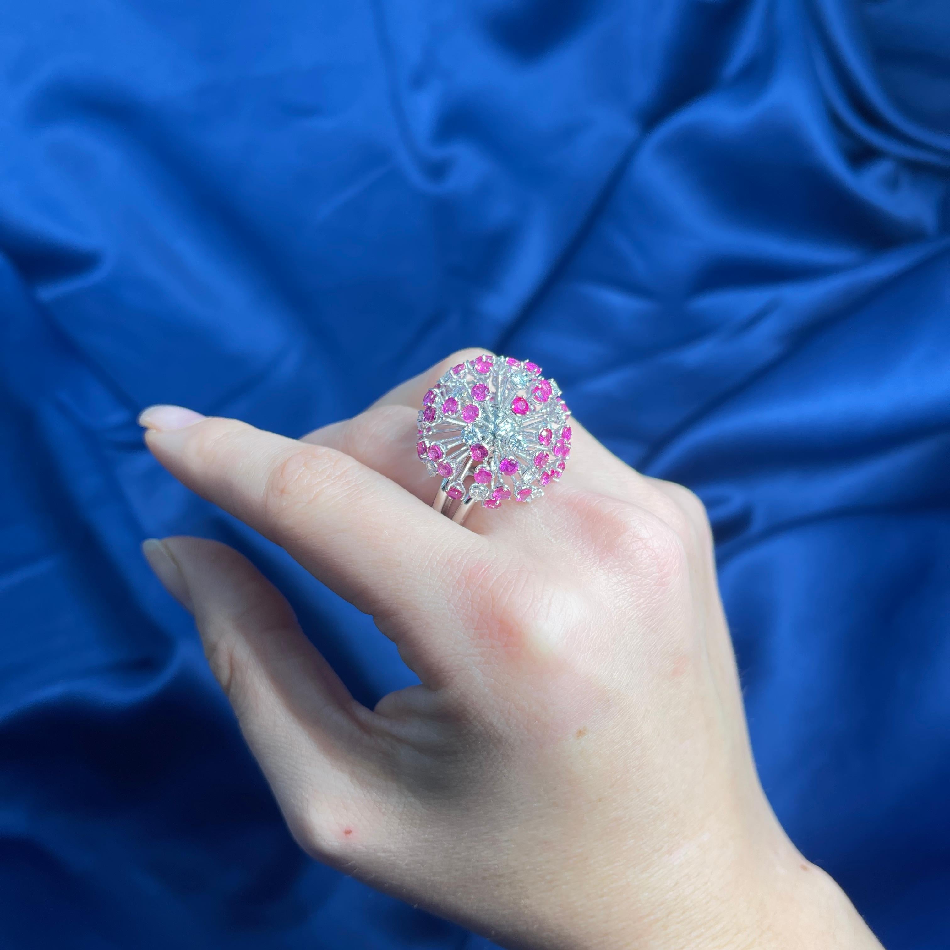 18K White Gold Dandelion Ring with Diamonds and Pink Sapphires For Sale 7