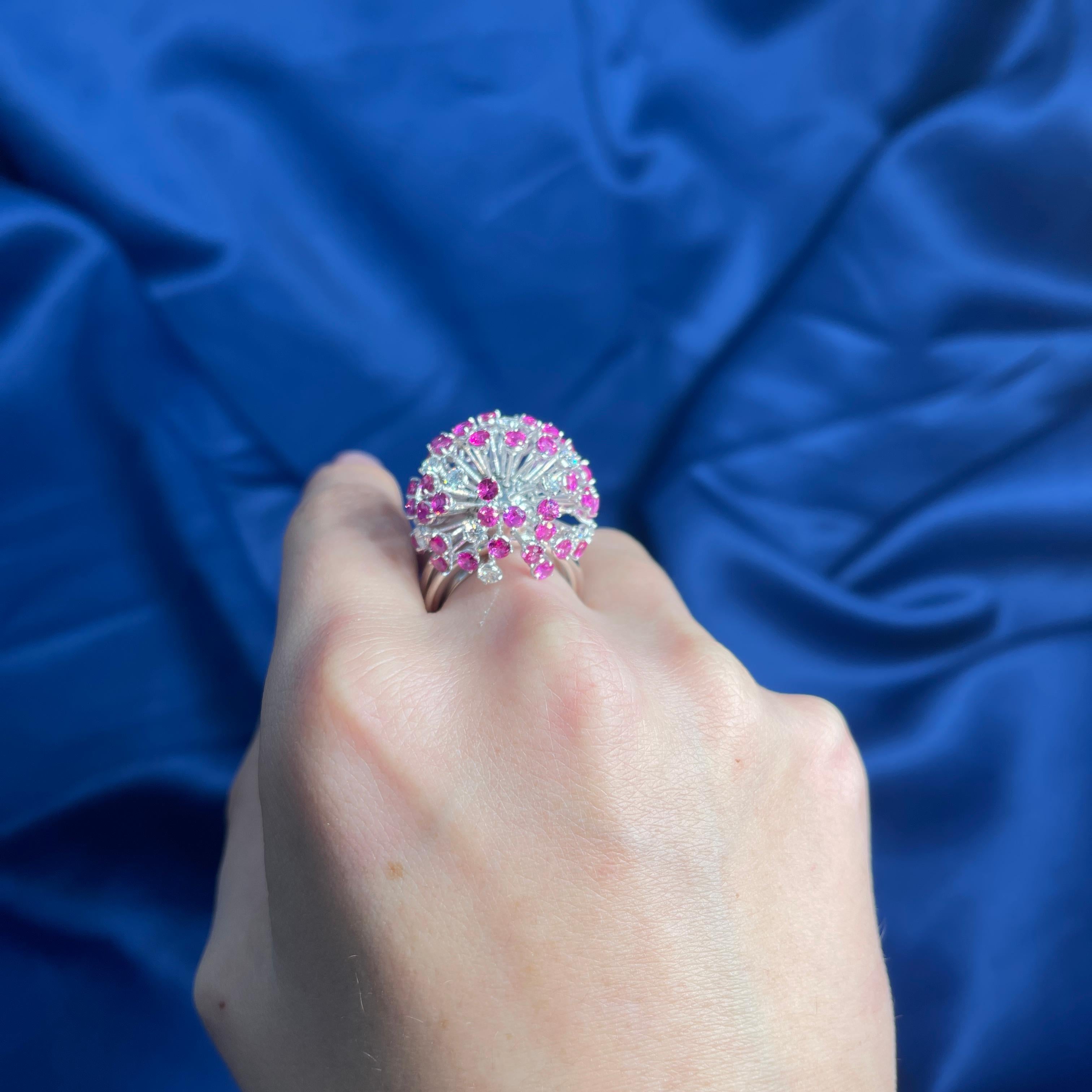 18K White Gold Dandelion Ring with Diamonds and Pink Sapphires For Sale 8