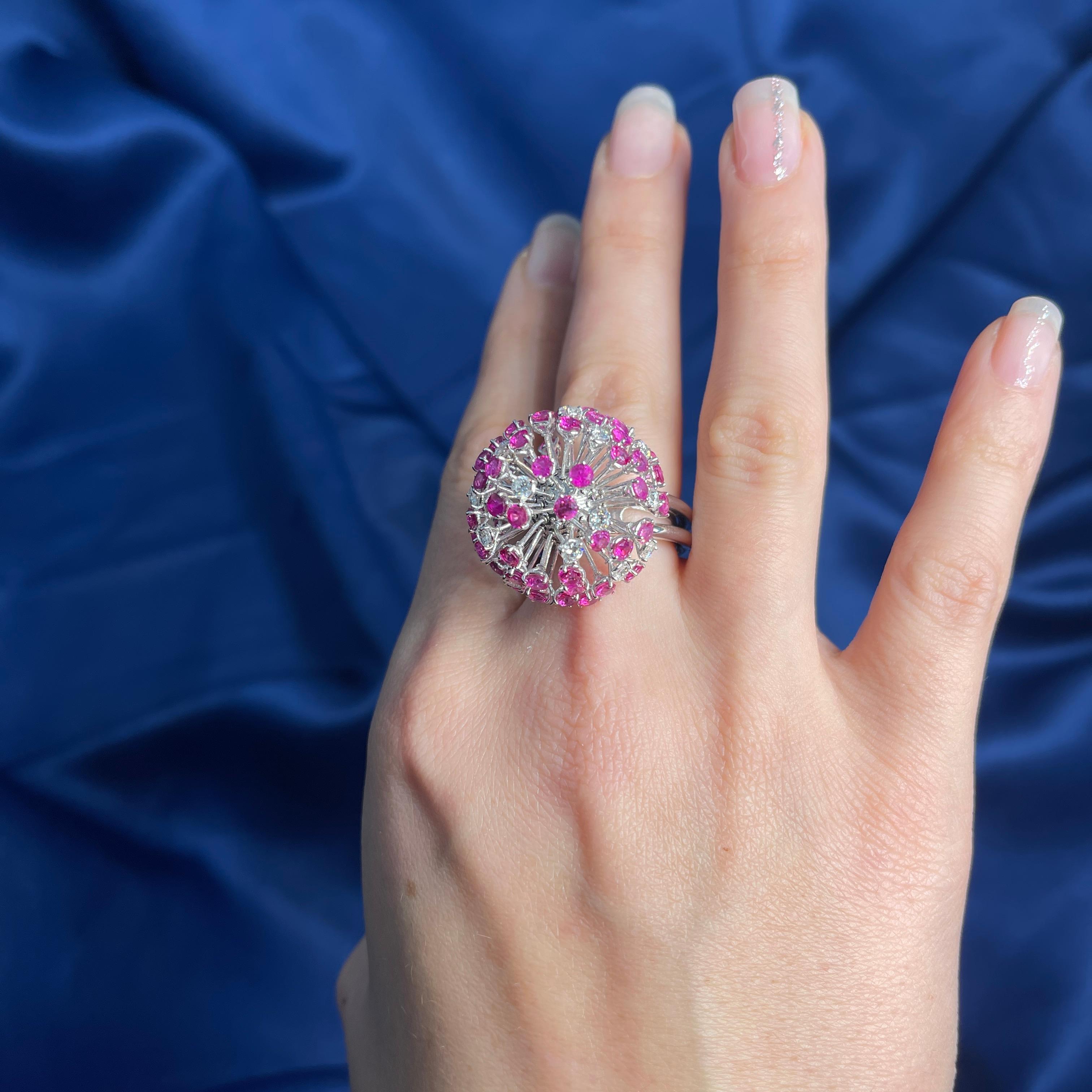 18K White Gold Dandelion Ring with Diamonds and Pink Sapphires For Sale 9