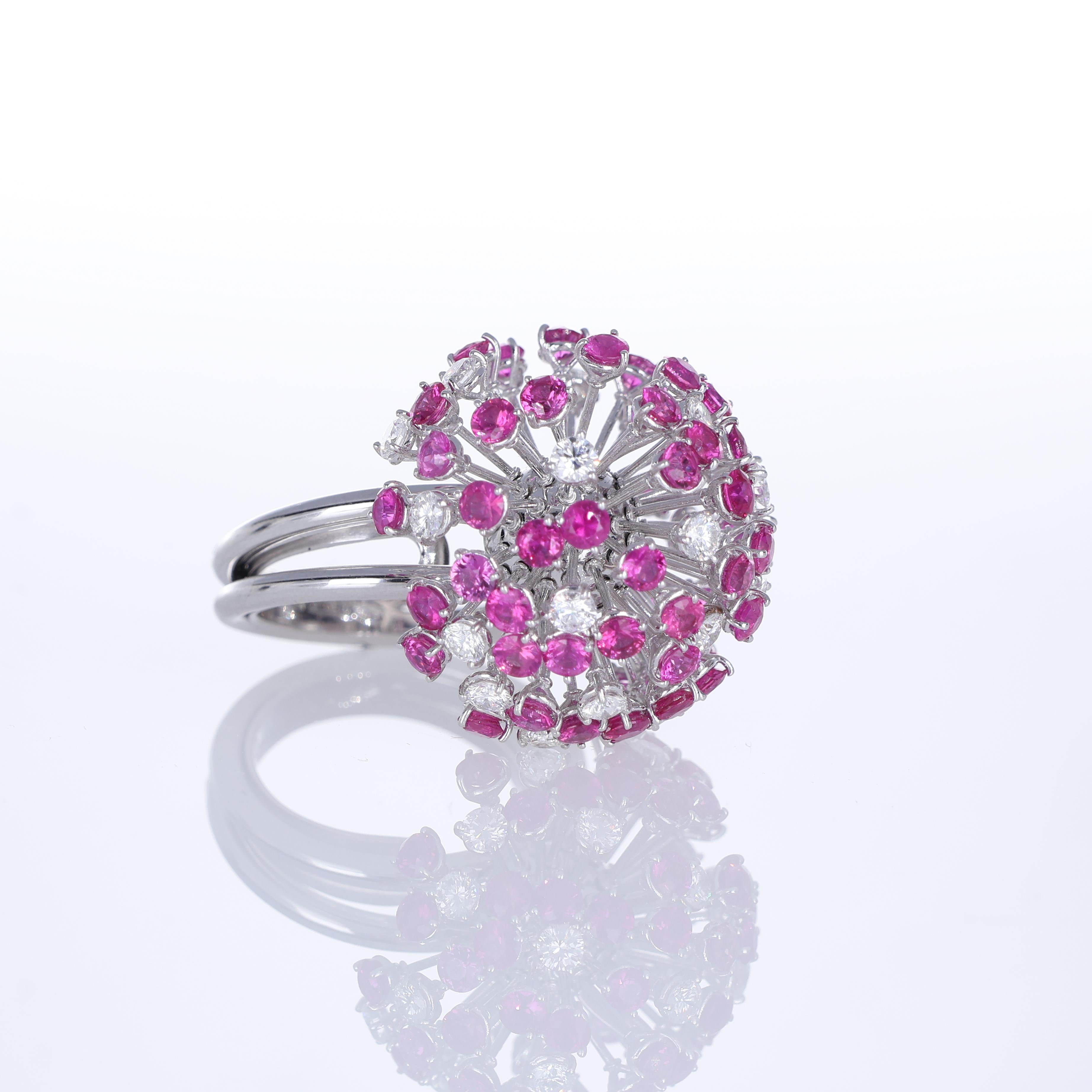 18K White Gold Dandelion Ring with Diamonds and Pink Sapphires In New Condition For Sale In Bergamo, BG