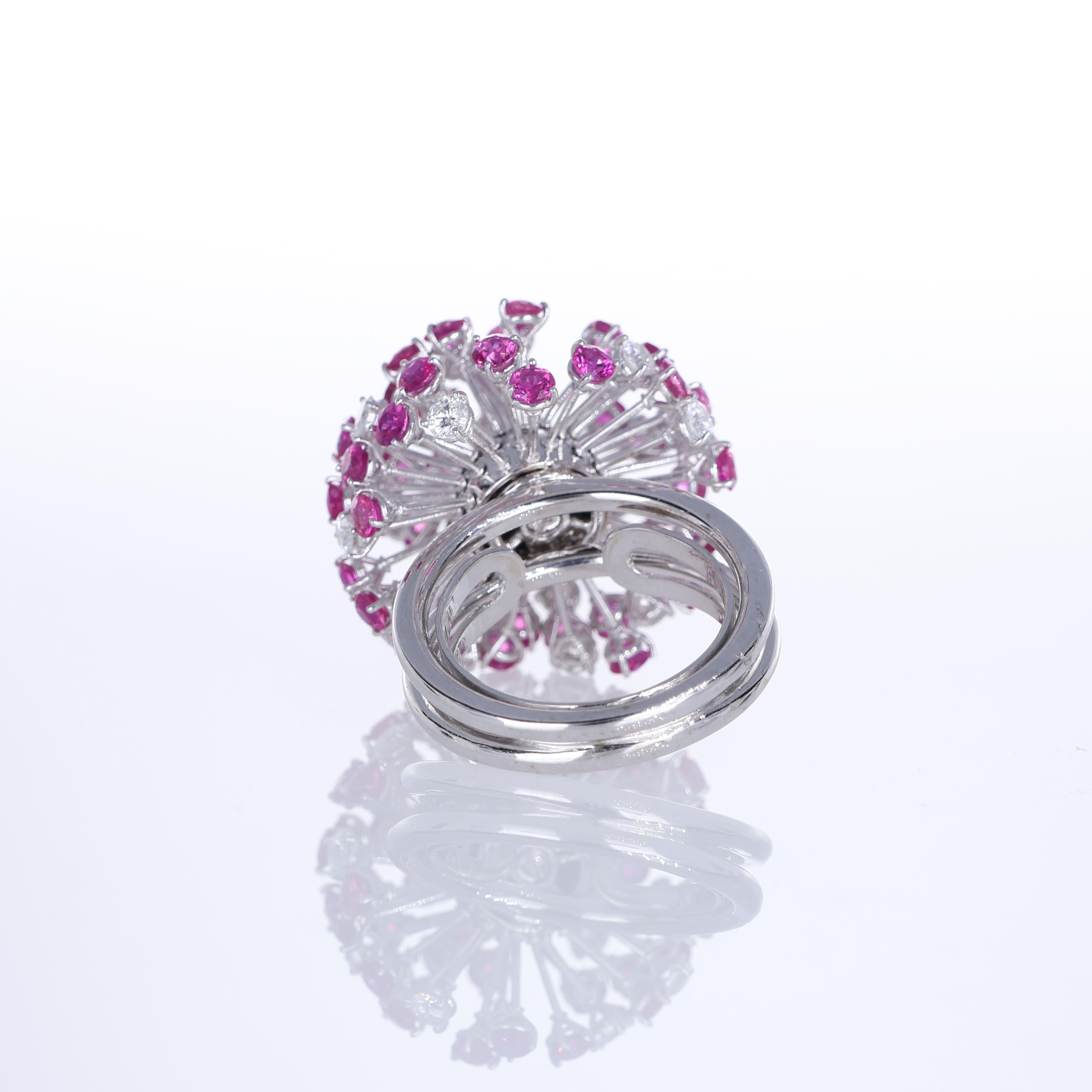 Women's or Men's 18K White Gold Dandelion Ring with Diamonds and Pink Sapphires For Sale