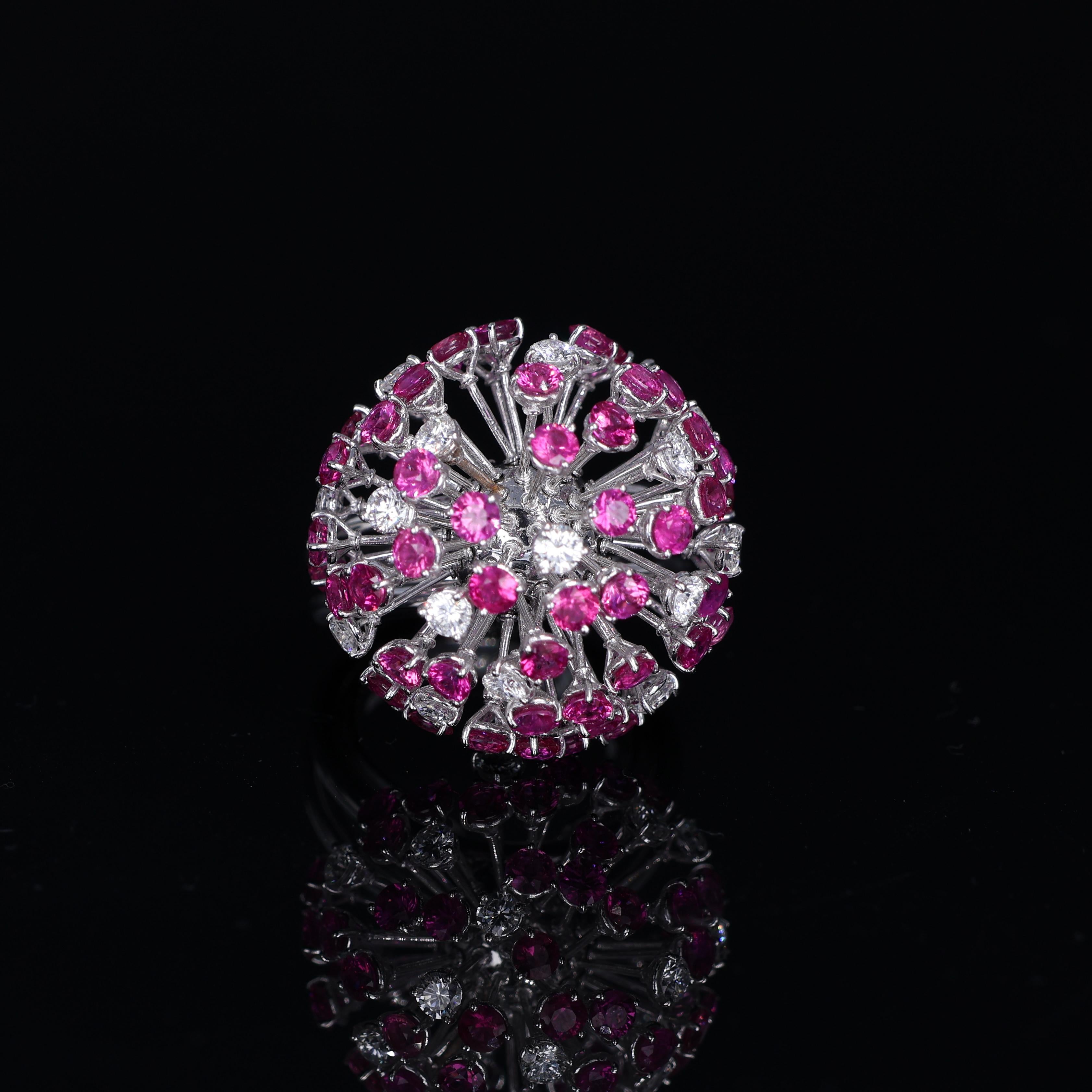 18K White Gold Dandelion Ring with Diamonds and Pink Sapphires For Sale 1