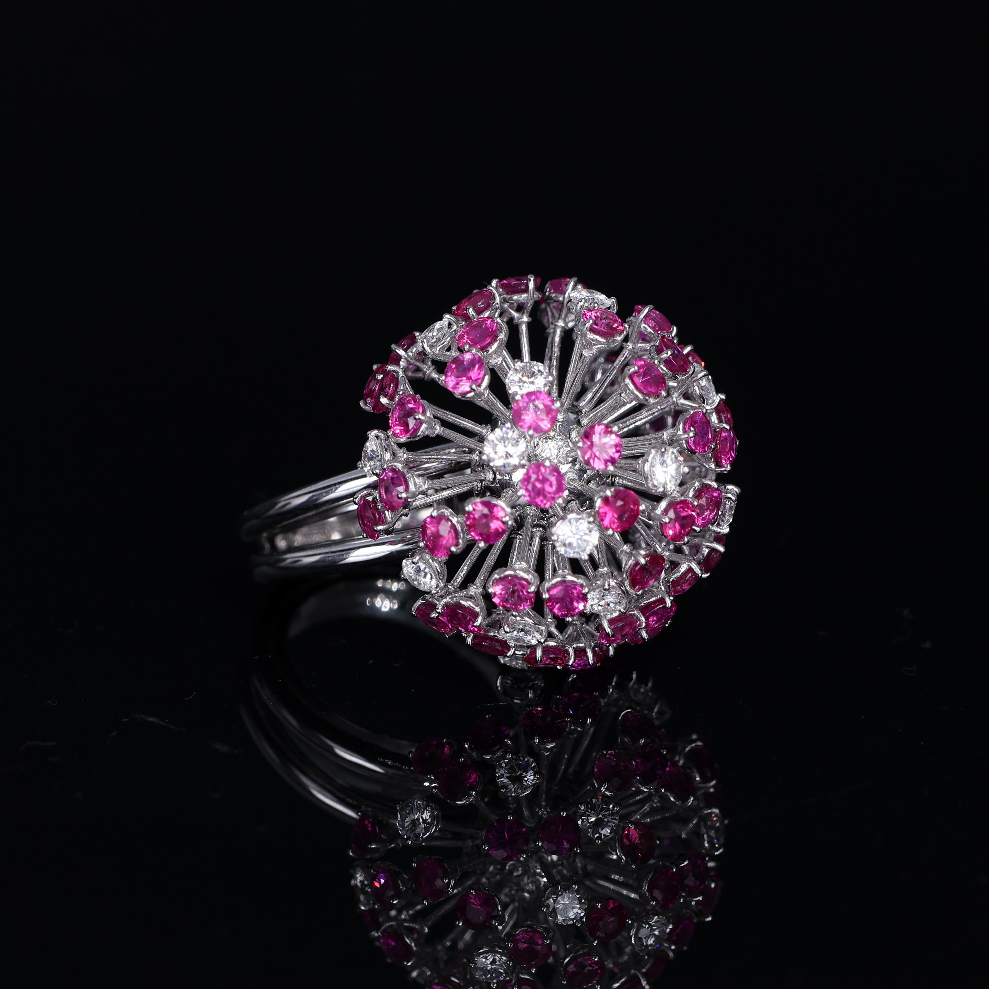 18K White Gold Dandelion Ring with Diamonds and Pink Sapphires For Sale 2