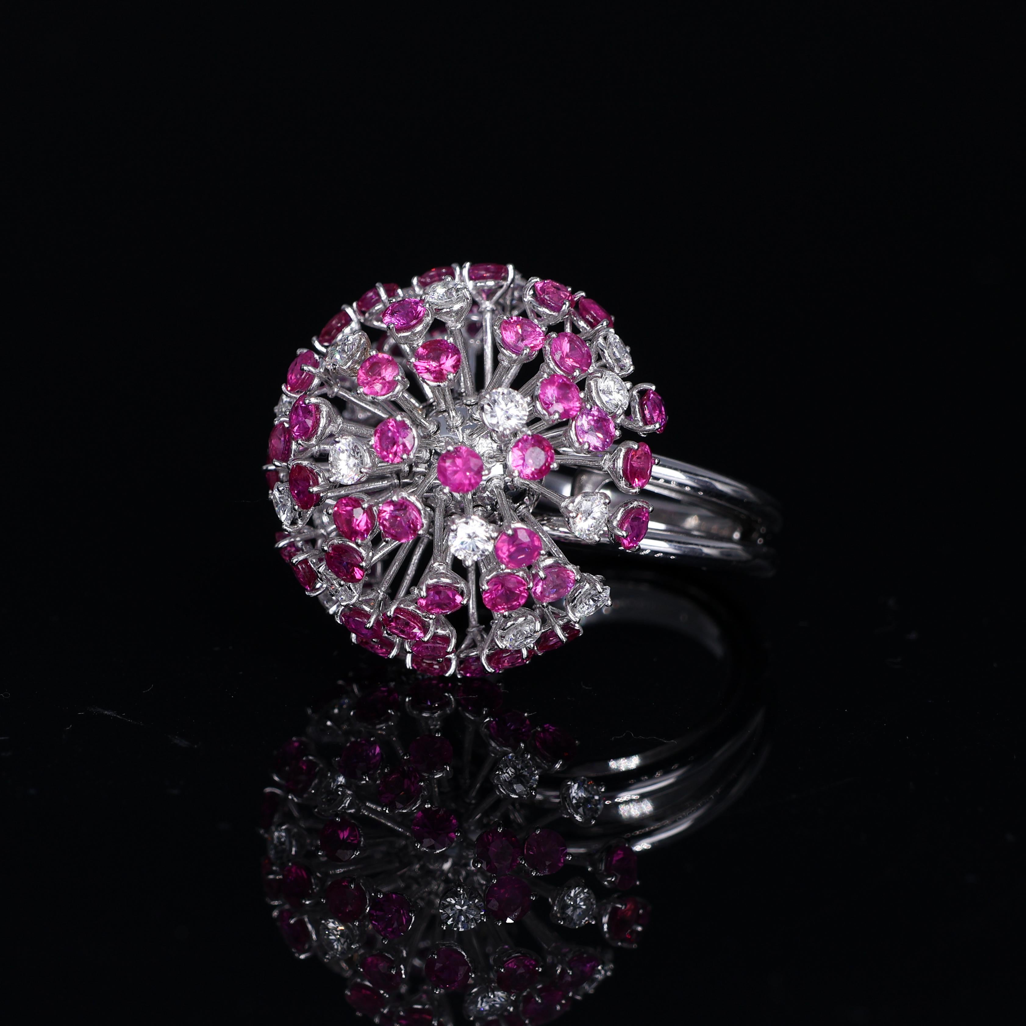 18K White Gold Dandelion Ring with Diamonds and Pink Sapphires For Sale 3