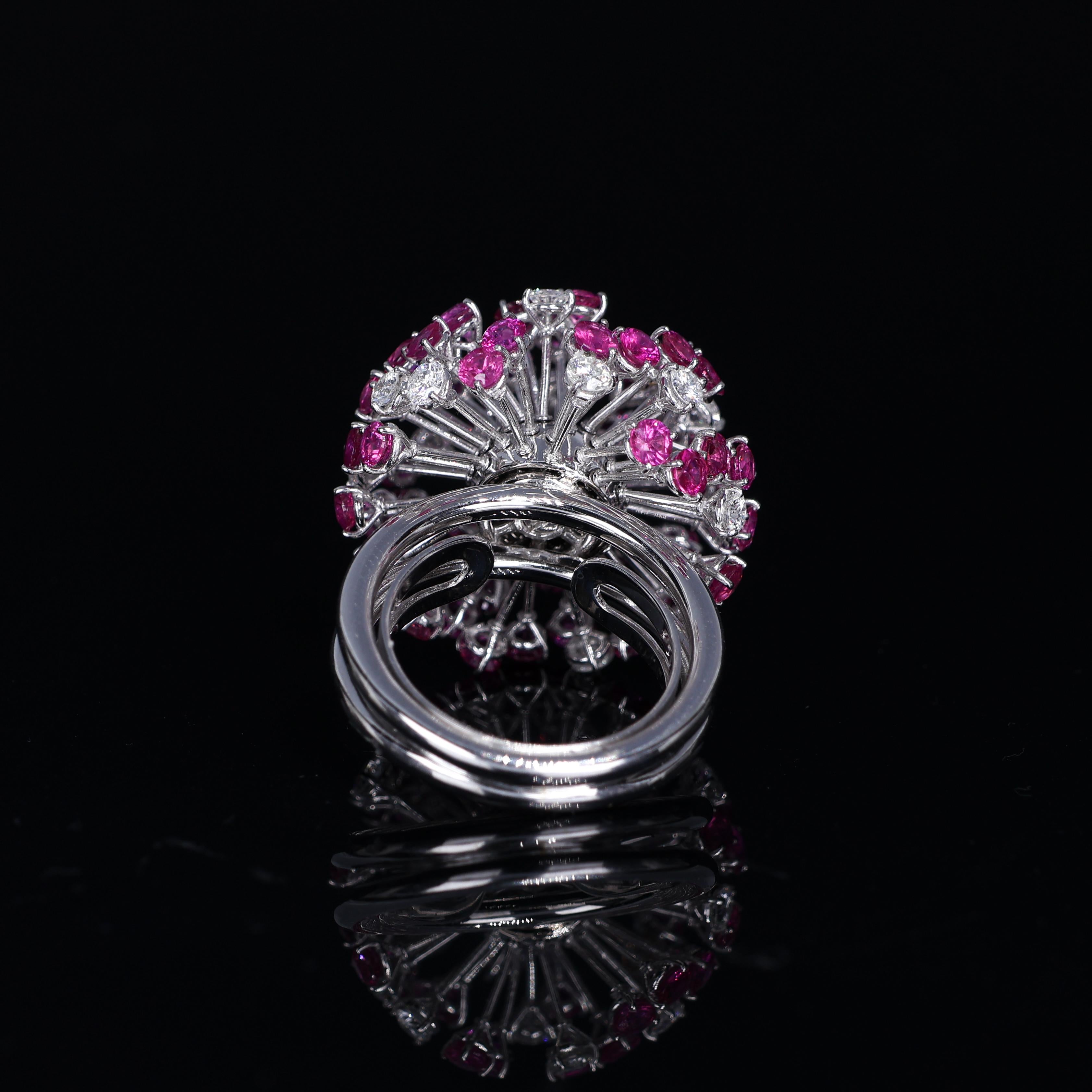 18K White Gold Dandelion Ring with Diamonds and Pink Sapphires For Sale 4