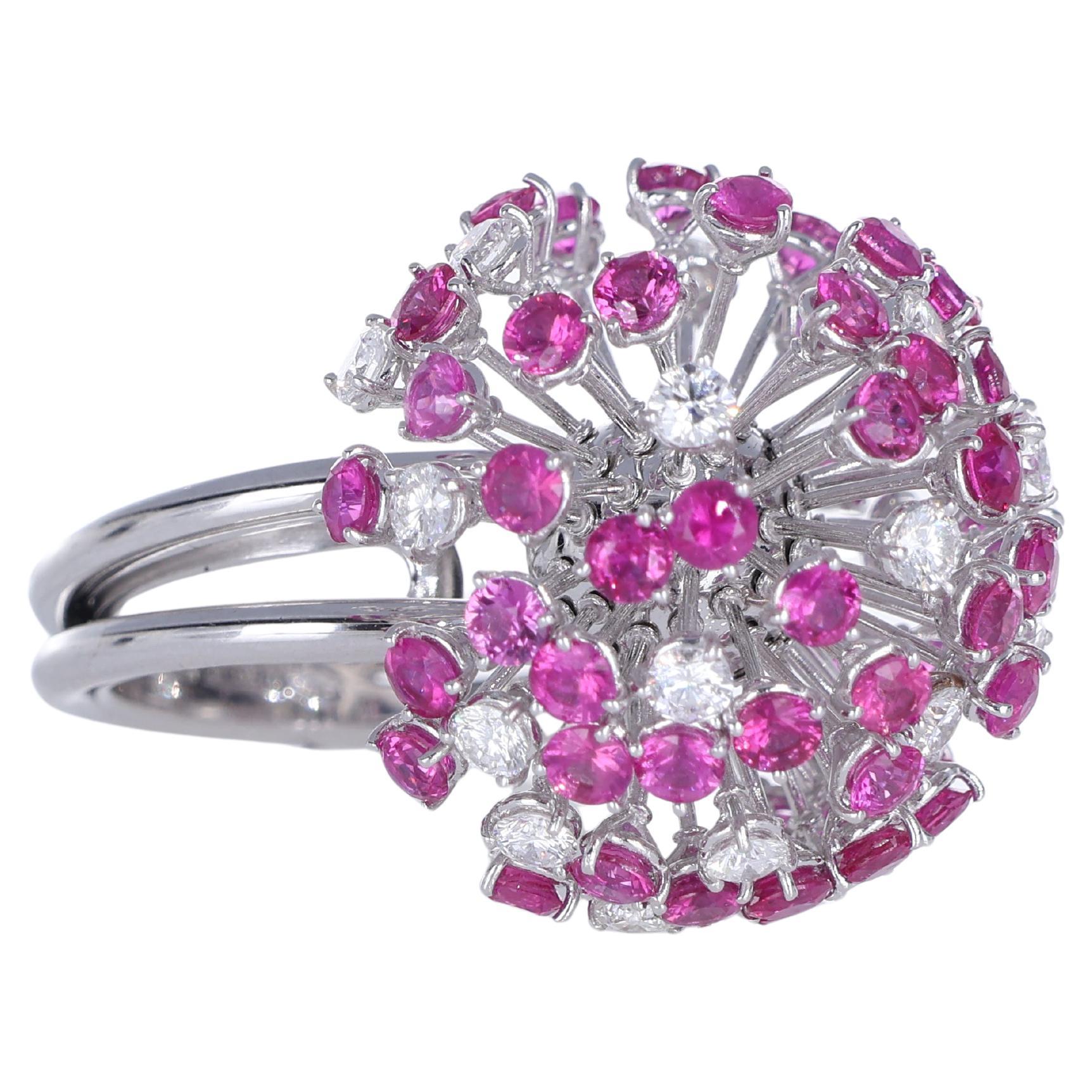 18K White Gold Dandelion Ring with Diamonds and Pink Sapphires