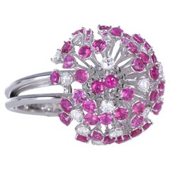 Anillo Diente de León de Oro Blanco de 18 K con Diamantes y Zafiros Rosas