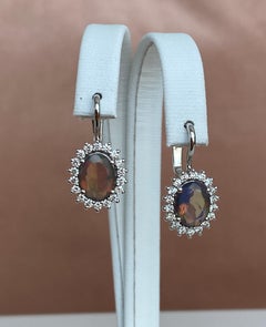 18K White Gold Dangle Earrings with Fire Black Australian Opals and Diamonds