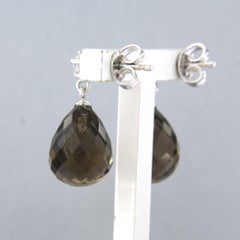 18k White Gold Dangle Earrings with Smoky Quartz & Diamonds, 0.20ct