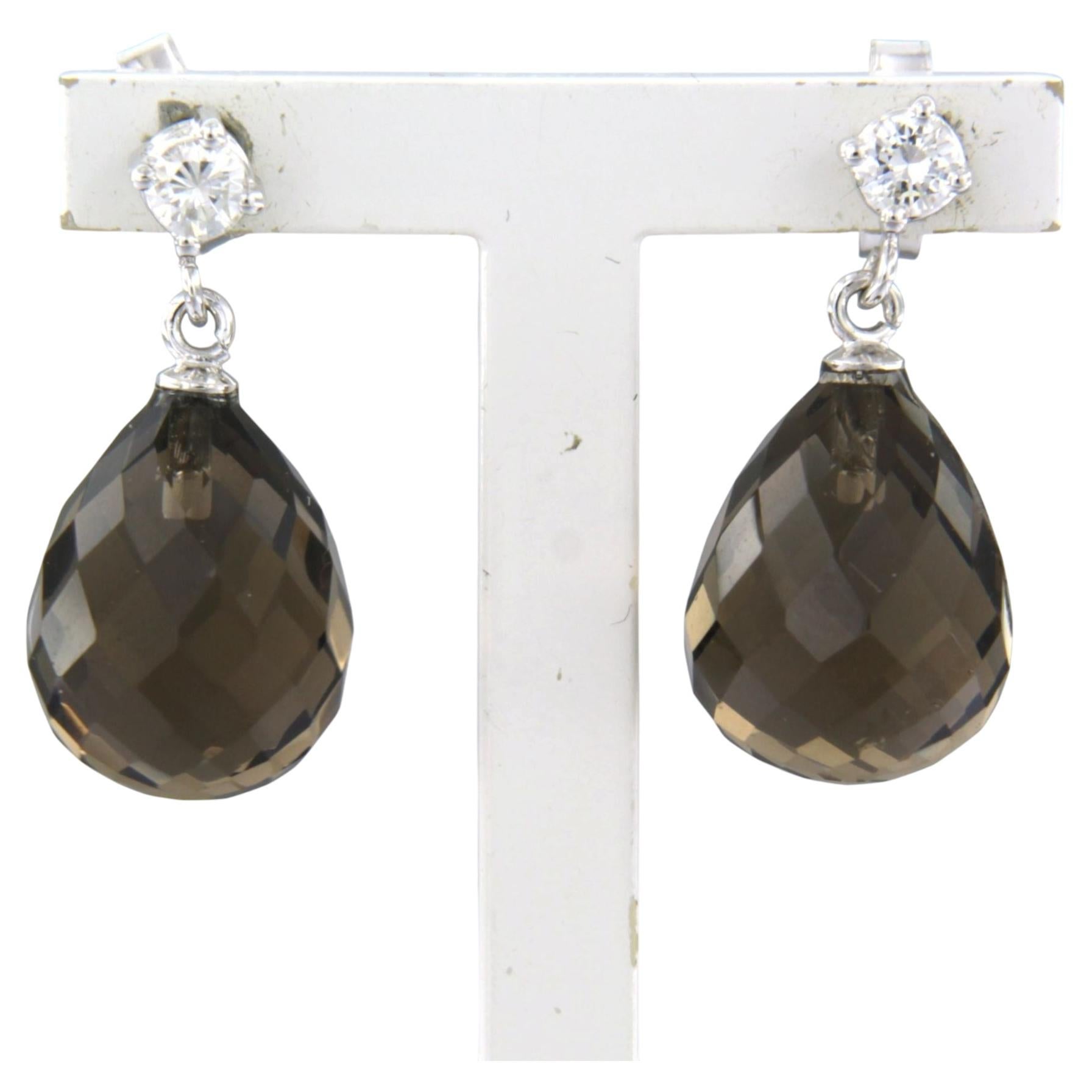 18k White Gold Dangle Earrings with Smoky Quartz & Diamonds, 0.20ct For Sale