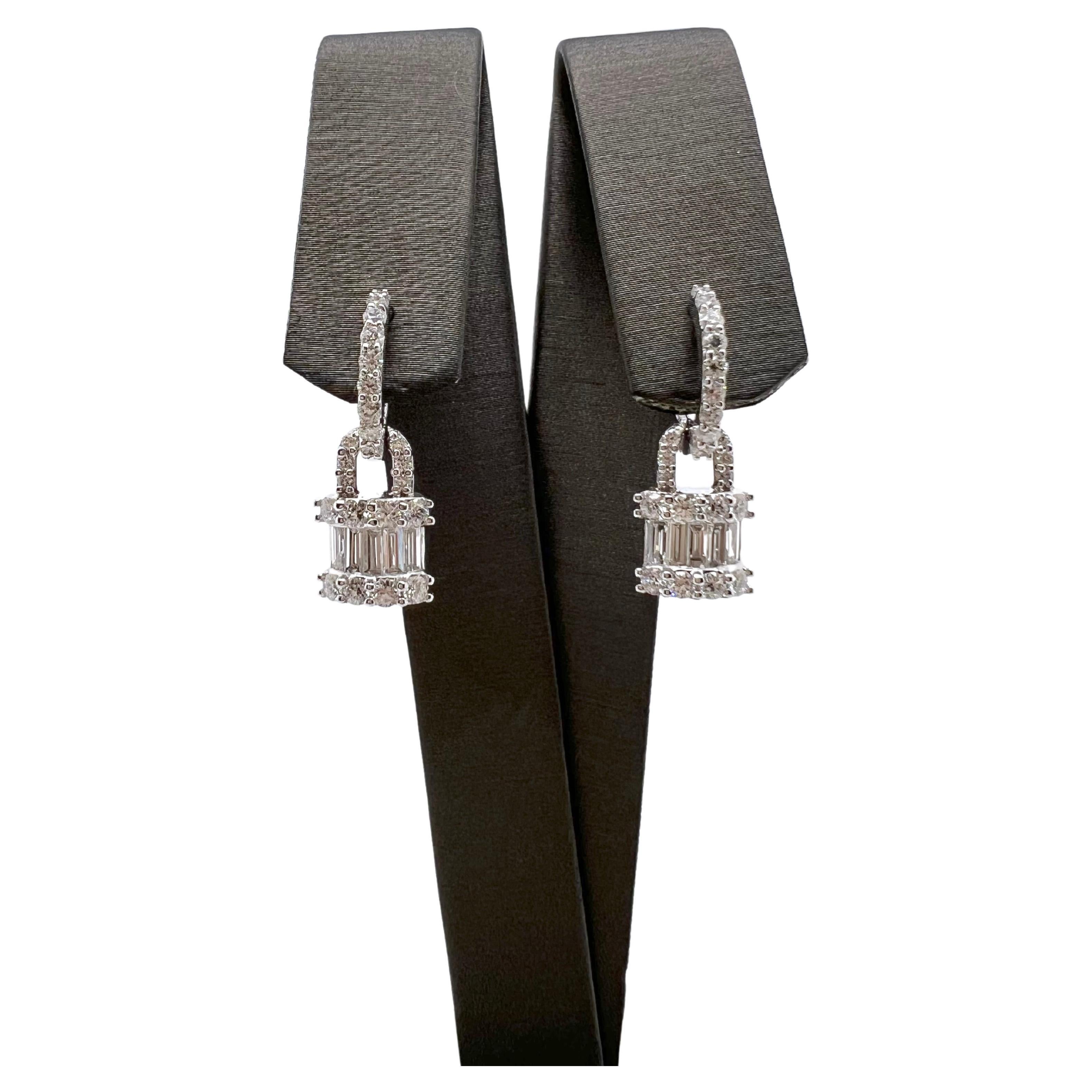 Baguette Cut 18k White Gold Dangling Diamond Lock Style Earrings For Sale