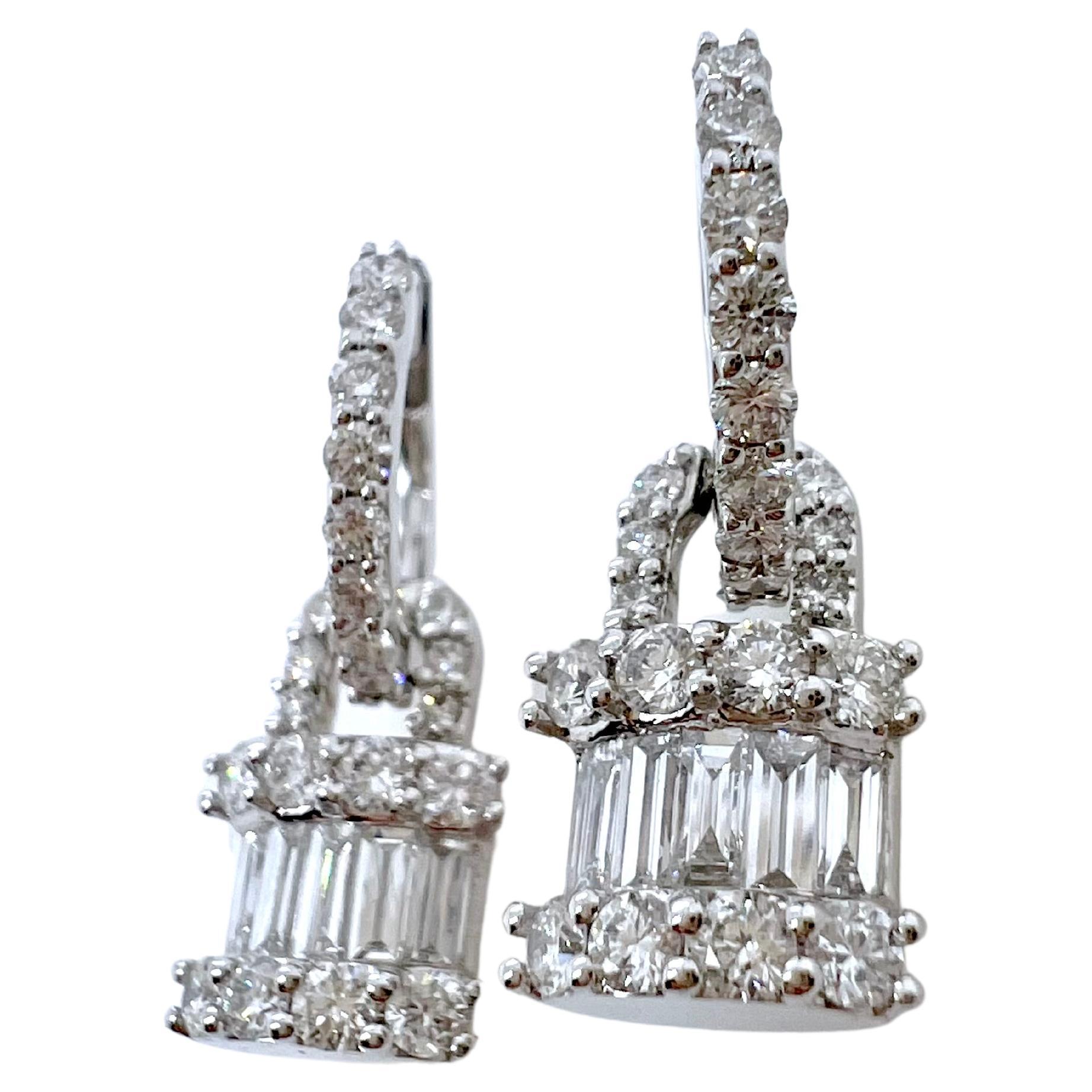 18k White Gold Dangling Diamond Lock Style Earrings