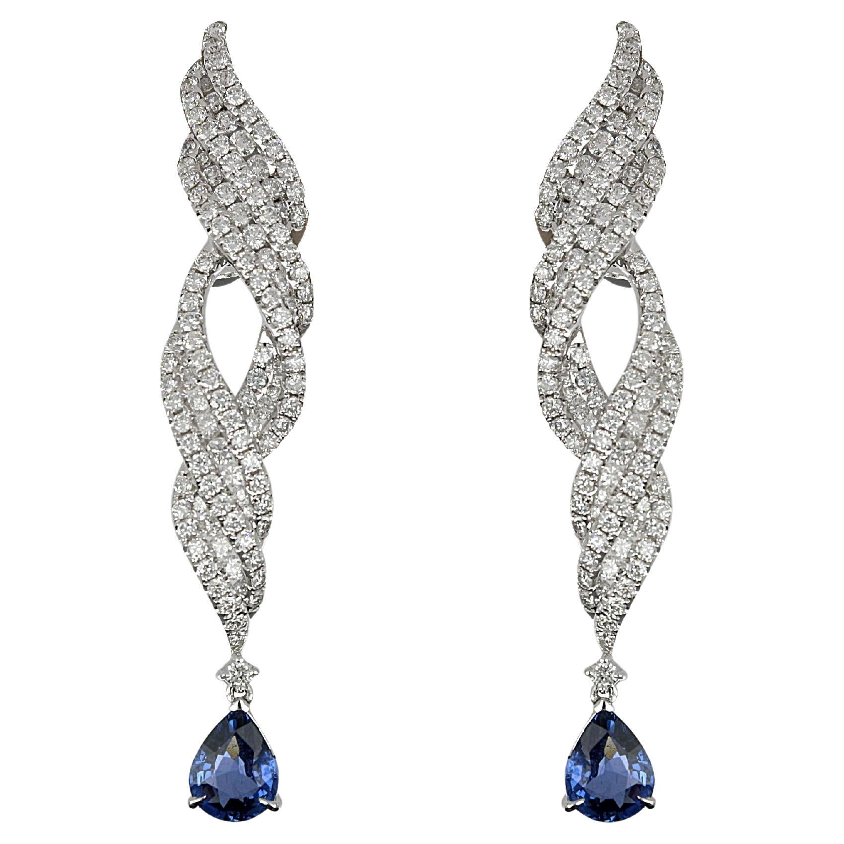 Pendants d'oreilles en or blanc 18 carats avec saphir bleu et diamants taille ronde