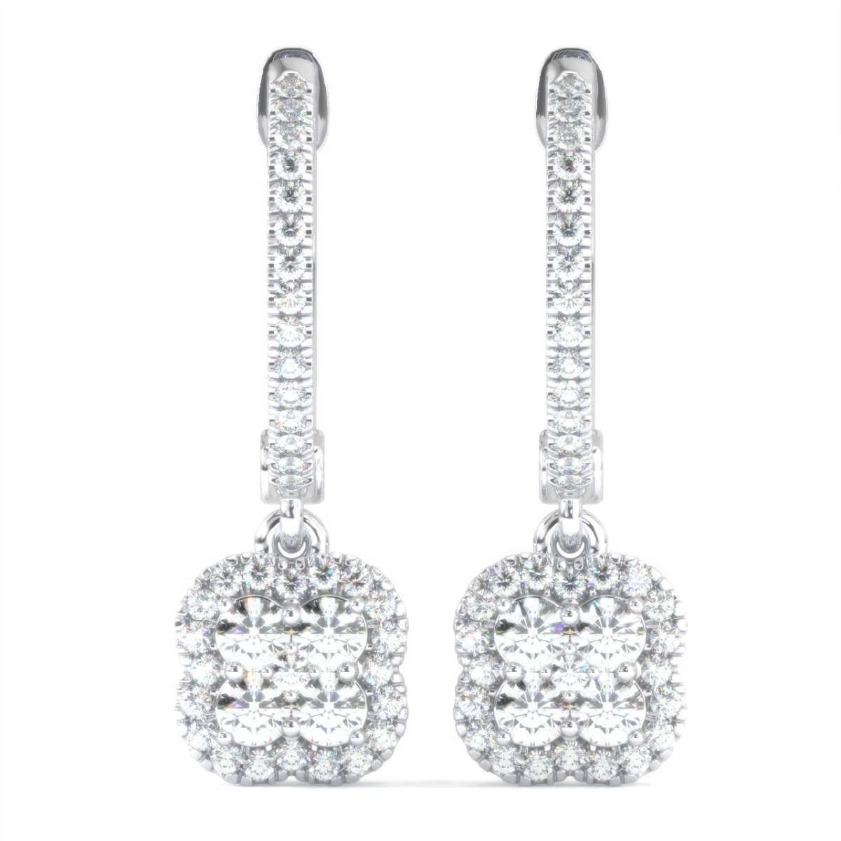 Round Cut 18 Karat White Gold Dangling Floral Halo Diamond Earrings '2/3 Carat' For Sale