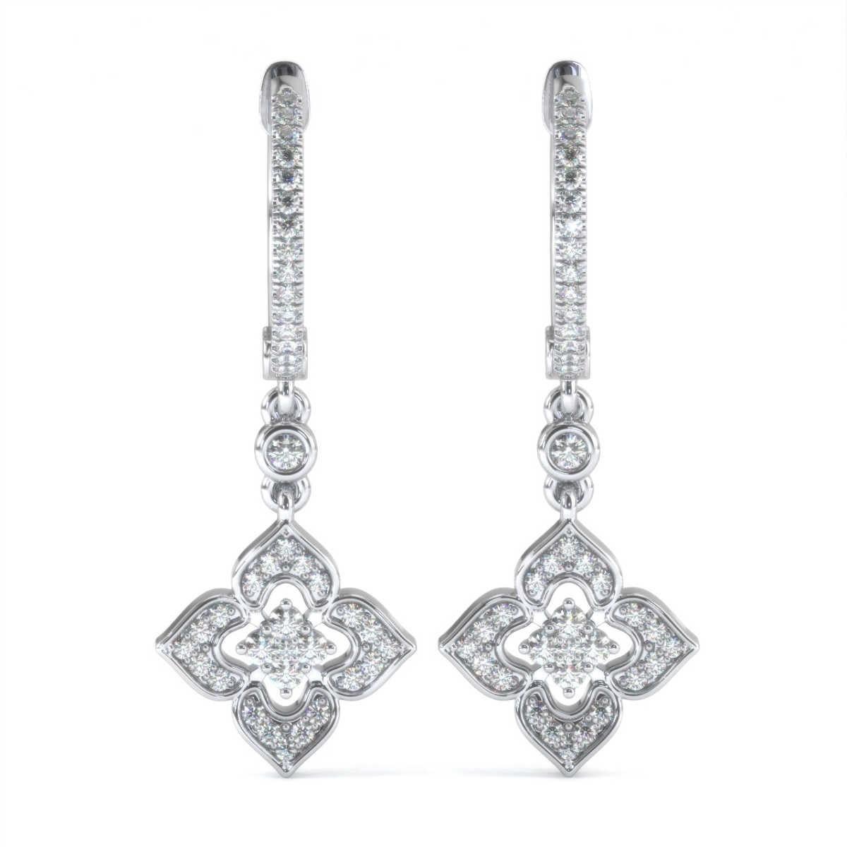Round Cut 18 Karat White Gold Dangling Halo Diamond Earrings '2/5 Carat' For Sale