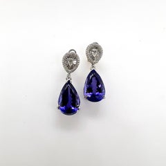 18k White Gold Dangling Tanzanite Pear Shape Drop Earrings with Diamonds