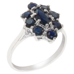 18K White Gold Dark Blue Sapphire Cluster Ring