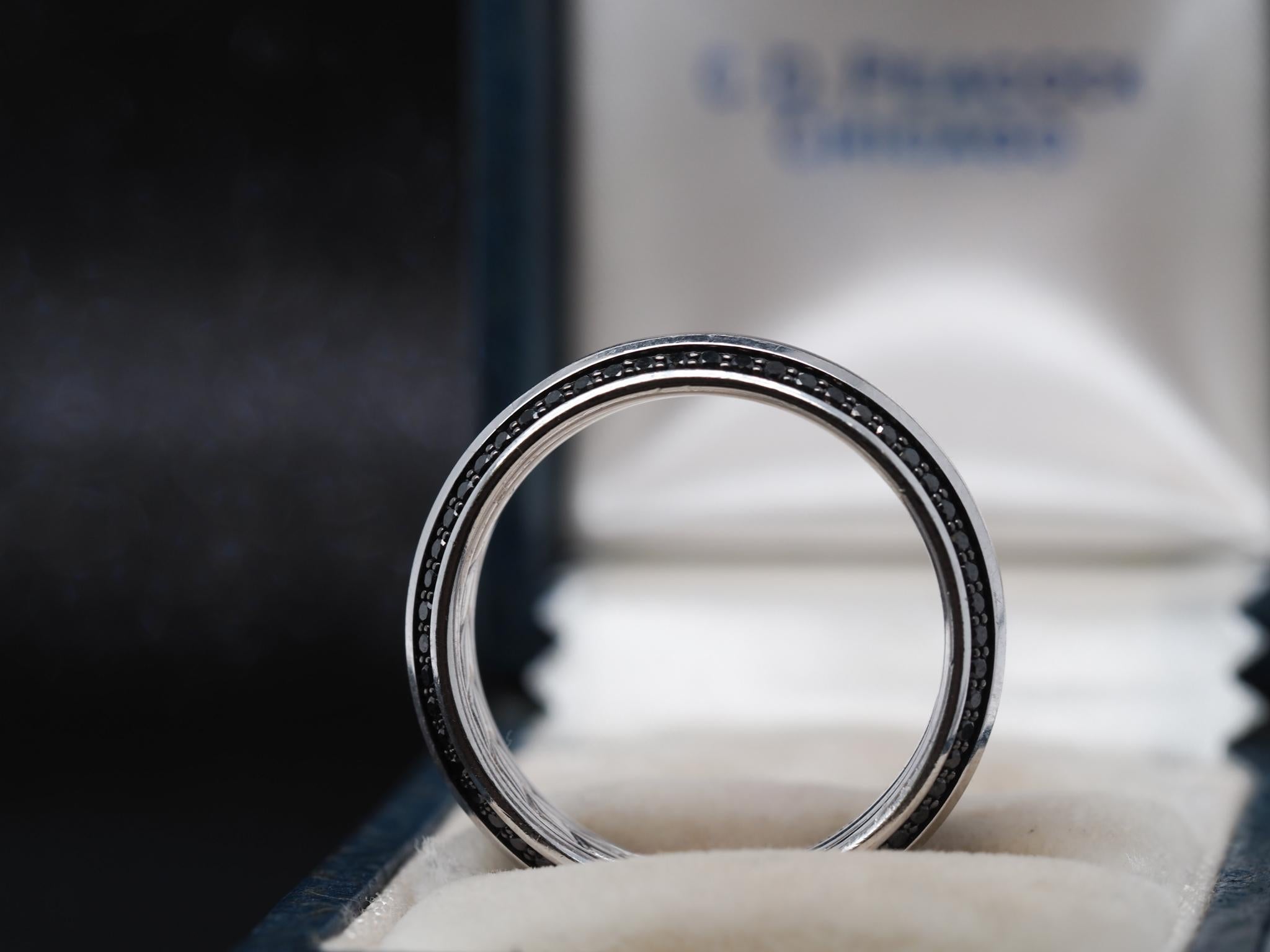18K White Gold David Yurman Black Diamond Beveled Band Ring Size 11.5 For Sale 1