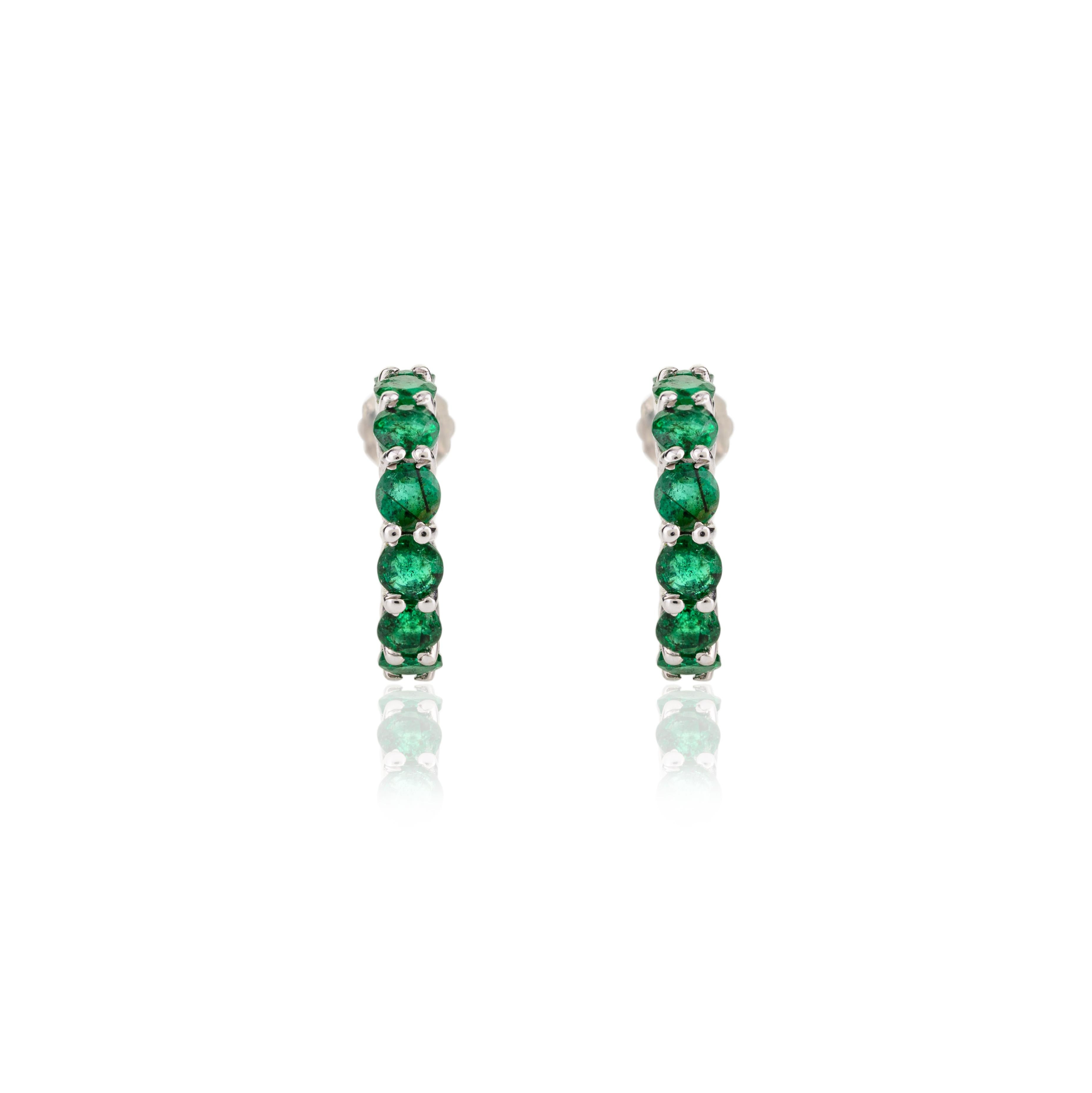 Art Deco 18k White Gold Deep Green Emerald Birthstone Tiny Hoop Earrings for Her  For Sale