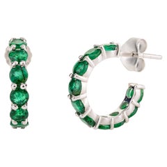 18k White Gold Deep Green Emerald Birthstone Tiny Hoop Earrings for Her 
