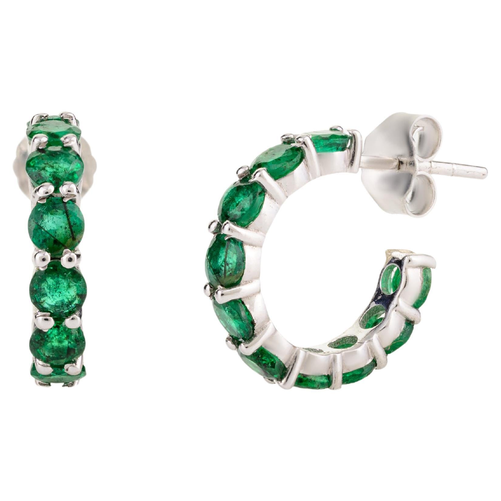 18k White Gold Deep Green Emerald Birthstone Tiny Hoop Earrings for Her  For Sale