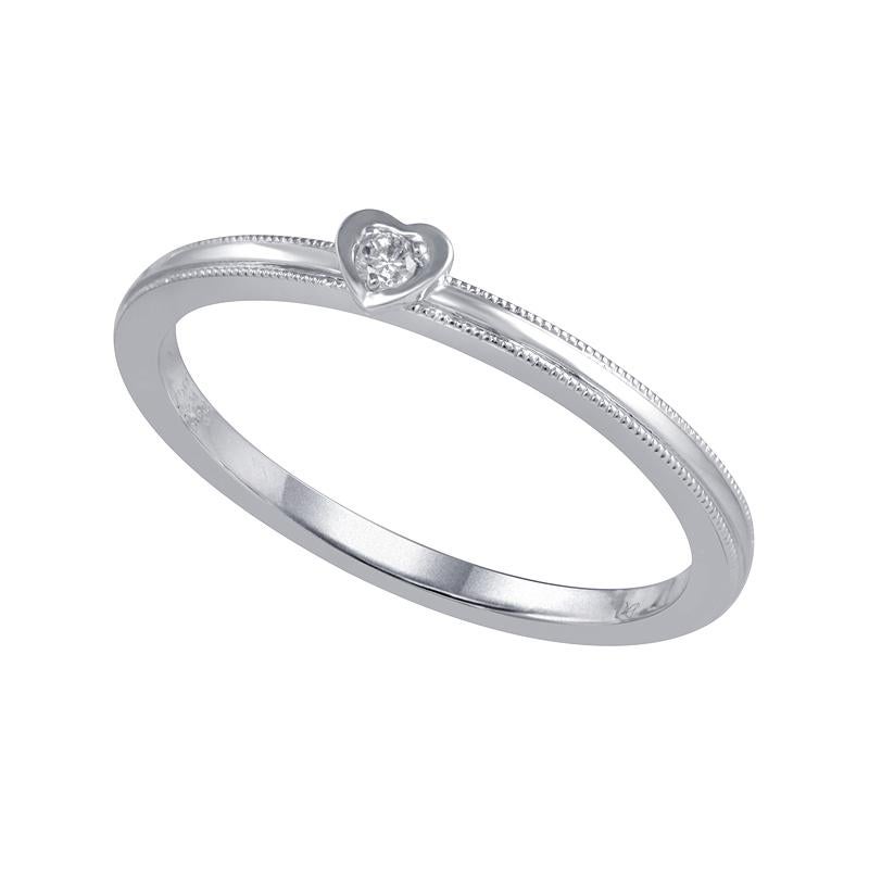 18k white gold delicate promise ring with a central heart, set with a single round brilliant cut diamond and finished with millegrain edging.
Diamond weight 0.02cts.
G colour Si clarity.
