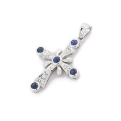 Diamond and Blue Sapphire Cross Pendant in 18 Karat White Gold, Christmas Gift