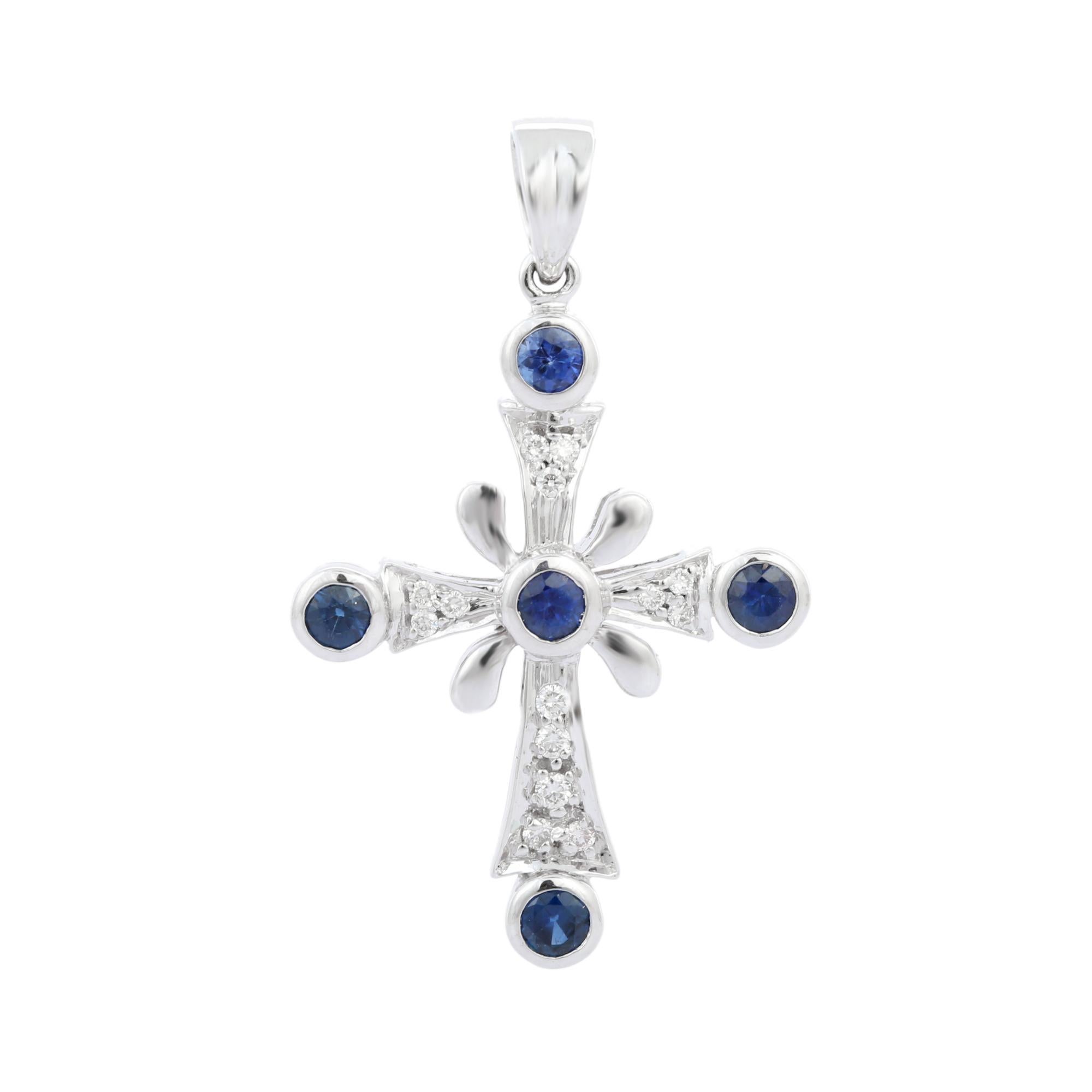 Art Deco Diamond and Blue Sapphire Cross Pendant in 18 Karat White Gold, Christmas Gift For Sale